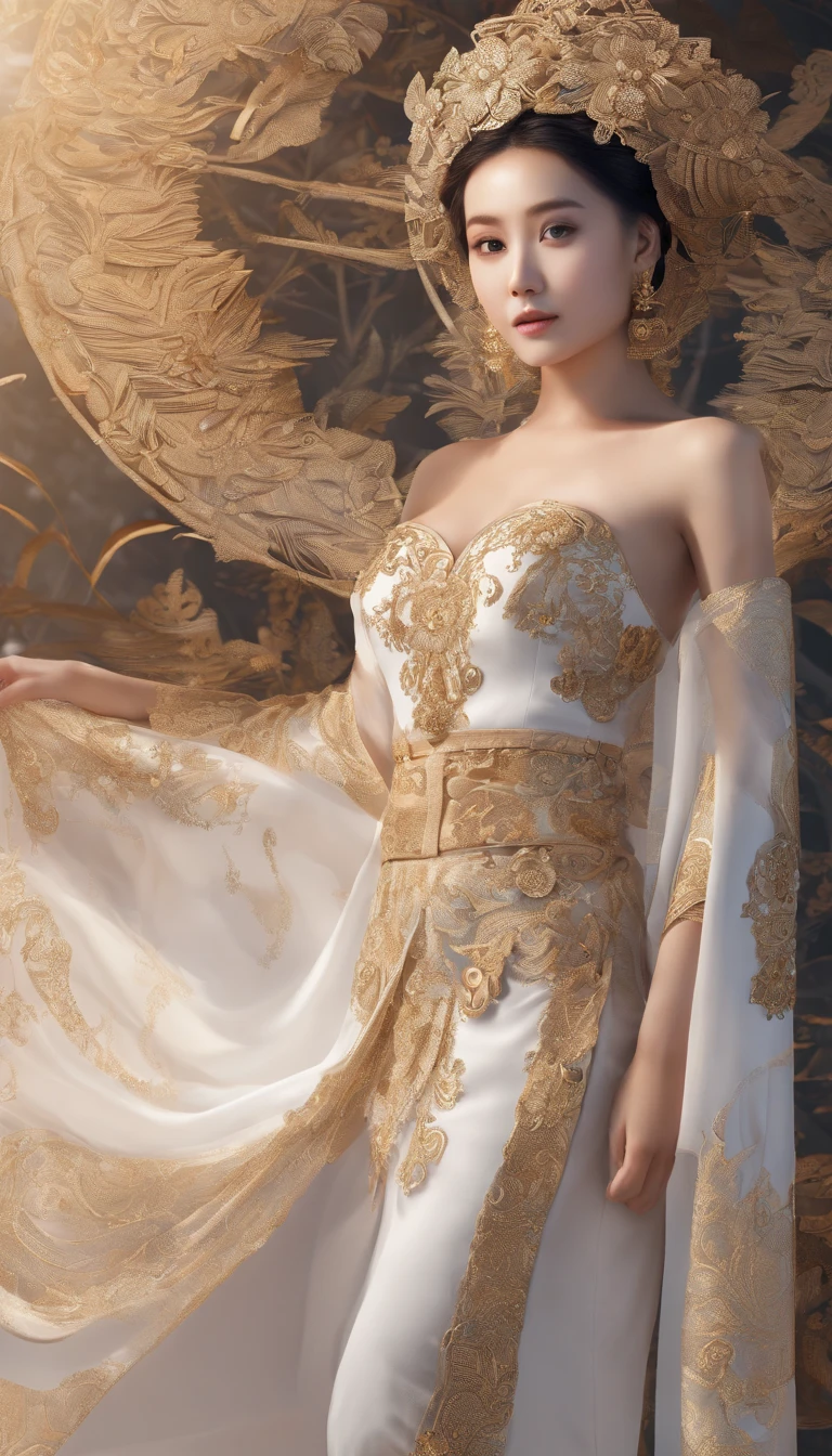Ultra detailed hd 8k, (realistic photo:1.2), (masterpiece: 1.2),myth,argent,kebaya,Scroll,batik,sleeveless, treasure,universe, face the camera, smile, 19 year old girl, cute girl, beautiful girl, indonesian model, white healthy skin, delicate eyes, tied-up hair, ethnic earrings, full body photo, (sexy body:1.2), (slim waist:1.2), rim light,product photo shot, holding a small beauty serum