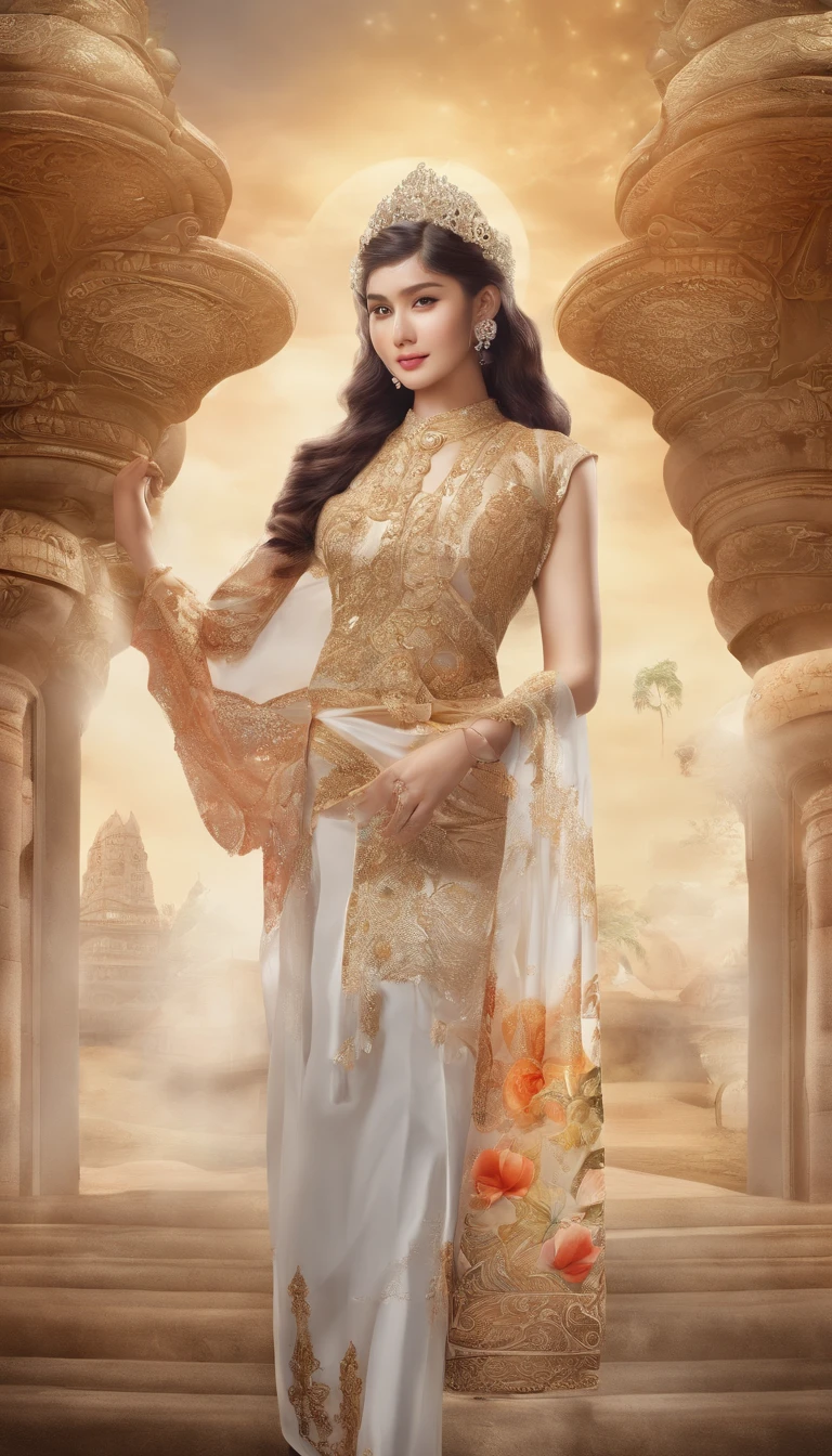 Ultra detailed hd 8k, (realistic photo:1.2), (masterpiece: 1.2),myth,argent,kebaya,Scroll,batik,sleeveless, treasure,universe, face the camera, smile, 19 year old girl, cute girl, beautiful girl, indonesian model, white healthy skin, delicate eyes, tied-up hair, ethnic earrings, full body photo, (sexy body:1.2), (slim waist:1.2), rim light,product photo shot, holding a small beauty serum