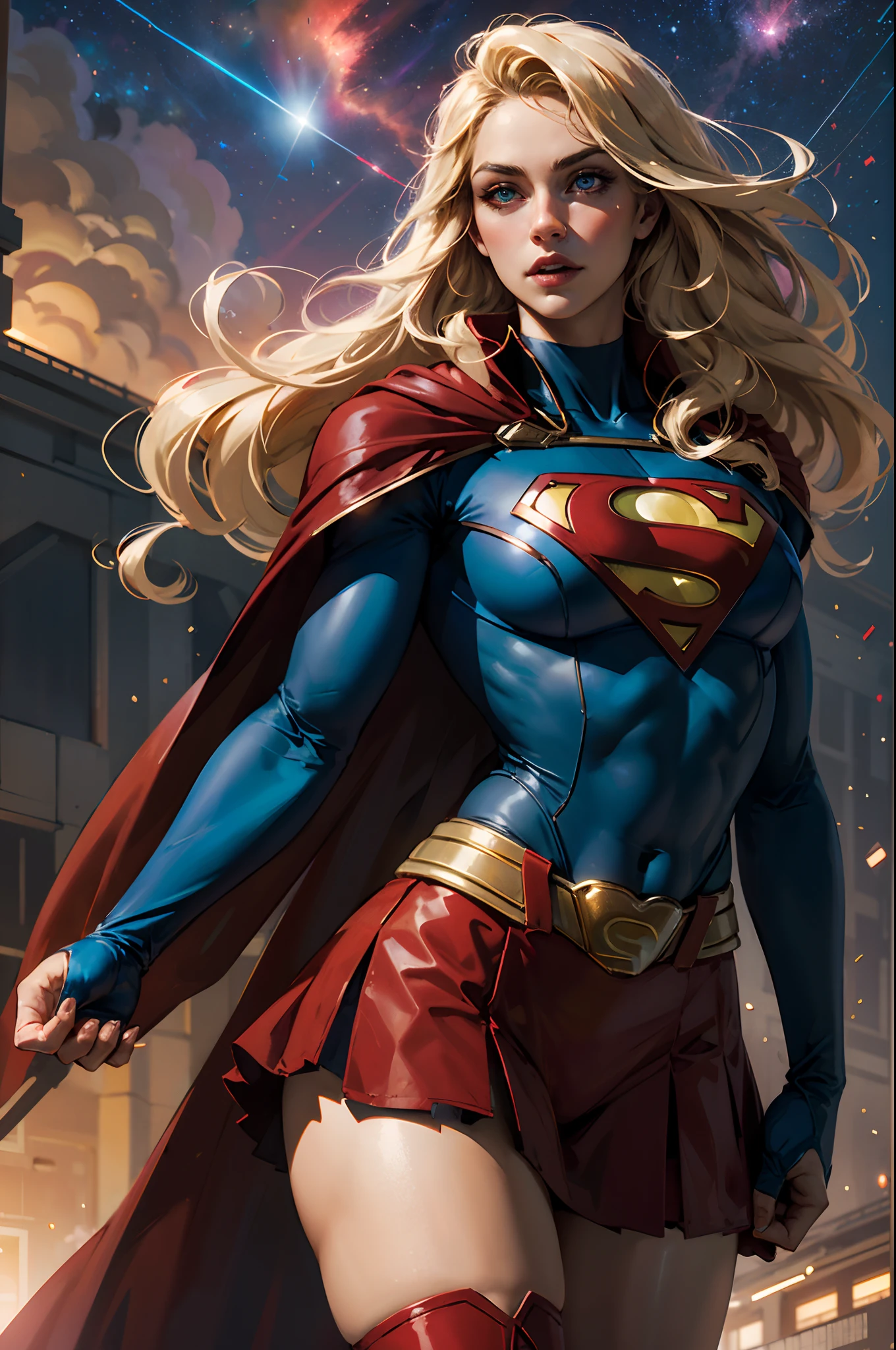nijistyle, Cowboy shot of beautiful woman in Superman costume, Long Blonde Hair, Heroic, Glowing red eyes, laser eyes, Cape, Particle, skyporn, Red skirt, Red boots, Sexy Pose, large udder, nigh sky, Countless stars, Raise one hand, flying pose,