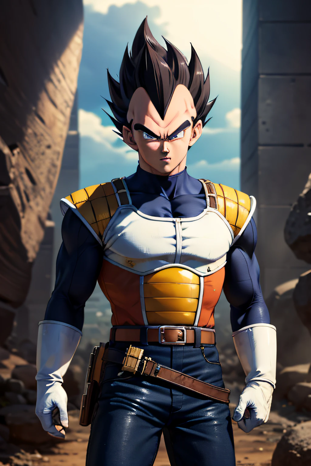 Zarbon dragon ball z , male focus, 1 men, standing alone, light blue cape, blue fur, hair green, cowboy shot, ssmile, single braid,gram, purple highlighted sleeves, saiyan armor, Blue underwear,muscular male, yellow eyes,aretes,, green sky, nube, blue thighhighs,moutain ( best qualityer, work of art,realisitic, photorealisitic)