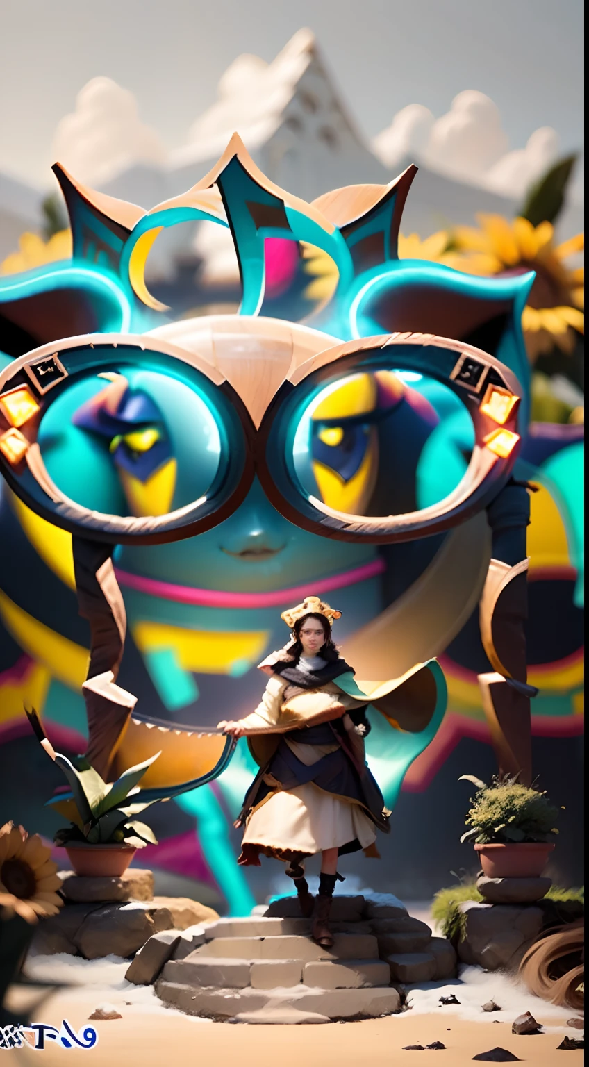 In a very grand scene,The extra-large wide-angle lens captures the appearance of a female centaur。She is a Sunflower Worship nun。She is tall,It has the ultimate curvy beauty,The muscles are slender and firm,Beautiful lines。She has(Super huge sky blue eyes:99.99),Always with sexy glasses。(She wears solemn nun attire:9.9),Stepping on a boot-style skyscraper-heel,A pink cross hangs from his chest。(In front of her is the world's only knitted sunflower potted plant with a super healing smile:99.99),This is the icon of God woven from high-grade yarn。Use Midjourney's advanced tools,Design noble and solemn nun costumes for female centaurs,and highlight her unique physiological characteristics and appearance details,Add realism。And in the context of her prayers and listening to confessions,Spectacular views of nature,Such as the sky where storms and sunny days alternate、Brilliant rivers of stars and auroras、The snow-capped summit of Mount Everest、Fireworks in the mountain town, etc。ao mesmo tempo,Away from the hustle and bustle next to the chapel,Create a fantastic scene。Use Midjourney's advanced tools and multiple color palettes、Brush Strokes、Texture tools and model packages,It shows a sense of atmosphere where beauty and charm coexist。The charm of the female centaur is highlighted through color and lines,Enhance realism with detailing,Create a surreal dreamy feeling。Additionally,Use Midjourney's tools to add various exorcism props and books to the female centaur、pergaminhos,Create intricate hairstyles and outfits,Give her a sense of premium。She never flinches,No matter what monster you encounter,can respond quickly,Even the most extreme armies of natural disasters and monsters could not stop her and her front(The only sunflower in the picture with the Tyndall effect exuding sunlight:999.9)。Use Midjourney's powerful tools,You can do it with incredible detail and beauty,Bring this ultra-grand and beautiful scene to life。Ultra-grand scenes,super wide shot, hdr,(真实感,Masterpiec