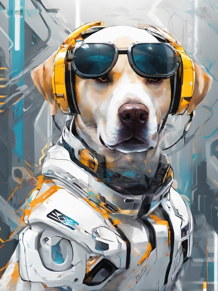 Centrado perfecto, Cute Labrador white, Use una chaqueta del equipo estudiantil,subido en harley davidson, usar gafas de sol, Usar auriculares, cheerfulness, standing up position, Belleza abstracta, centrado, Looking at the camera, in front of camera, nearing perfection, dynamic, Altamente detallado, Suave, foco nítido, 8k, high-definition resolution, 插圖, arte de Carne Griffiths y Wadim Kashin, fondo universo, fondo planetas
