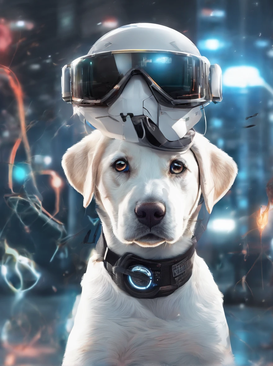 Centrado perfecto, Cute baby Labrador white, Use una chaqueta del equipo estudiantil,subido en harley davidson, usar gafas de sol, Usar auriculares, cheerfulness, standing up position, Belleza abstracta, centrado, Looking at the camera, in front of camera, nearing perfection, dynamic, Altamente detallado, Suave, foco nítido, 8k, high-definition resolution, 插圖, arte de Carne Griffiths y Wadim Kashin, fondo universo, fondo planetas