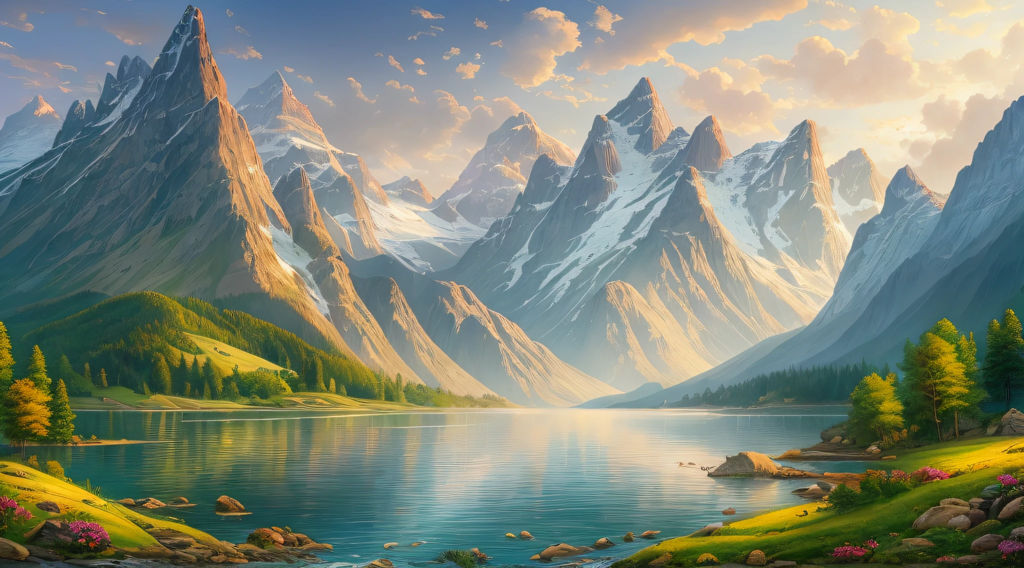 Mountains and rivers are presented in this painting style, Majestic nature, mountains river trees, beautiful landscape rendering, a lake between mountains, Detailed scenery —width 672, epic beautiful landscape, lindo cenario, Stunning landscape, Mountains and rivers, breathtaking landscape, fjord, Amazing landscape, Breathtaking landscapes, stunning nature in background, Beautiful landscape, fjord