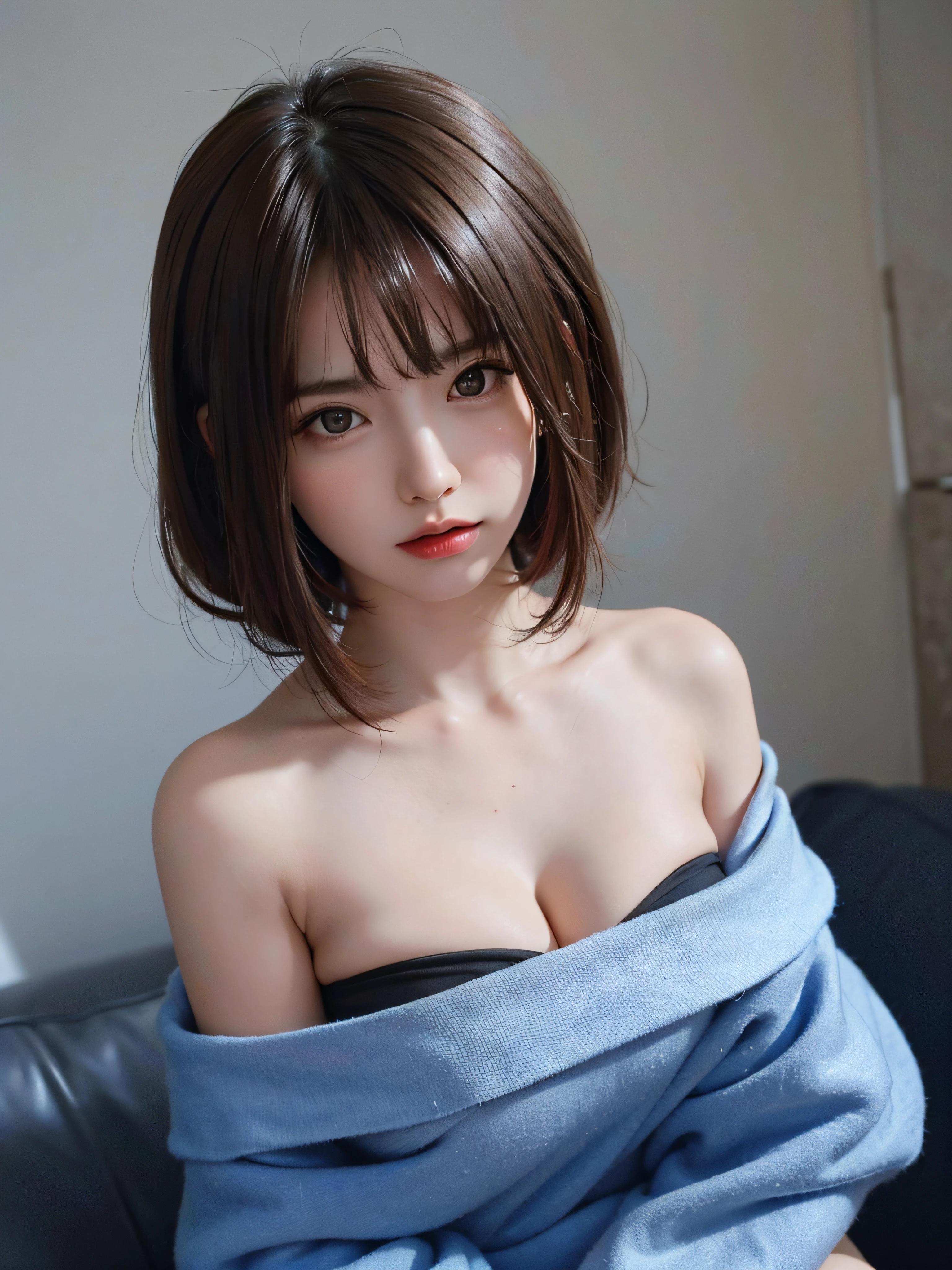 ultra high res, masterpiece, best quality, perfect glossy shiny skins, perfect lighting, detailed lighting, dramatic shadows, ray tracing, black sweater, looking at viewer, off shoulder, Big breasts, Exposed cleavage, blue Eyes, nsfw, ((Dark background)), Sexy face,  Facial expressions when receiving pleasure, open mouse,