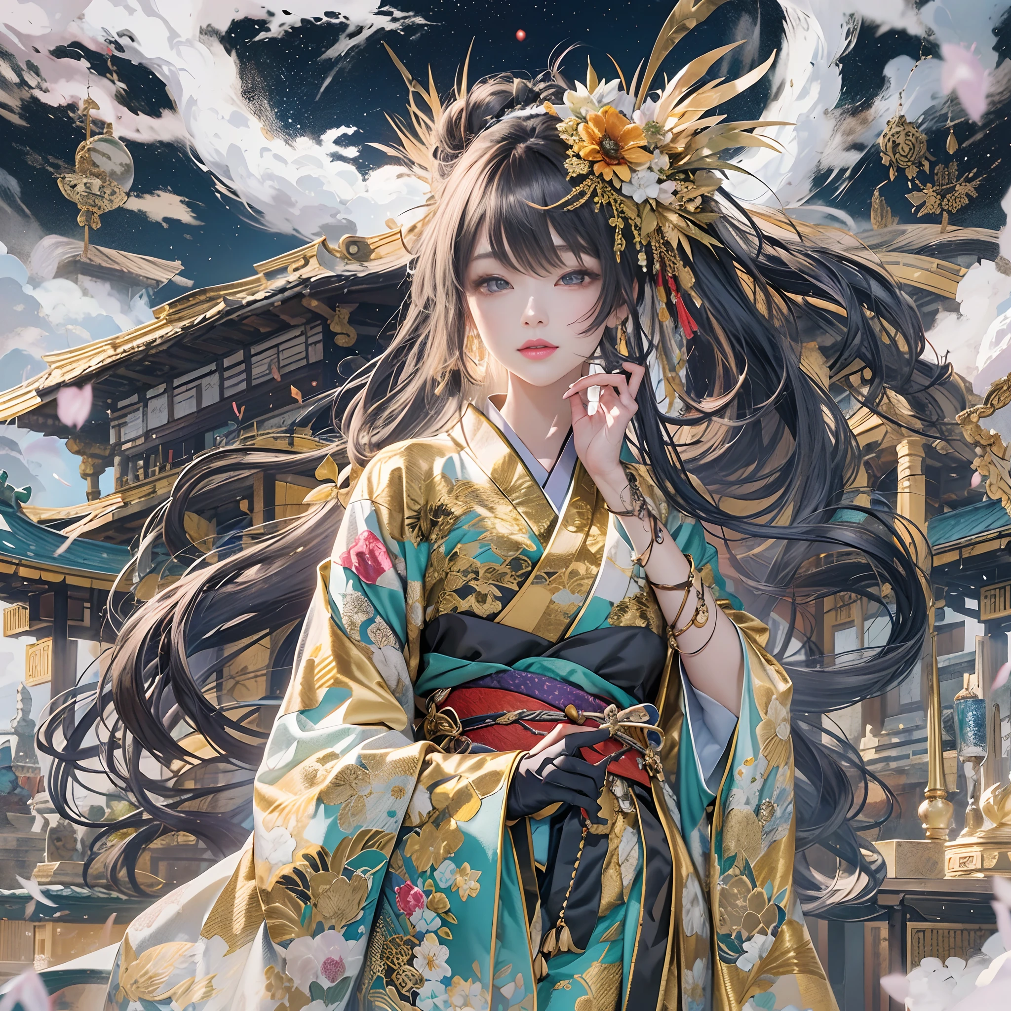 Try to give your audience a bouquet、
watching at viewers、for the background(ancient city:1.2)And the moon、((dense background))、poneyTail、Woman with shiny black hair、perfect hand、BREAK {{{Luxury kimono(Colorful kimono(Detailed golden embroidery,))}}}、face perfect,Depict a beautiful and graceful woman of Japan。poneyTail、Heart in the eye。full body Esbian。 Wallpaper 8K, .Blur the background with a sickle,((masutepiece)), ((Best Quality))