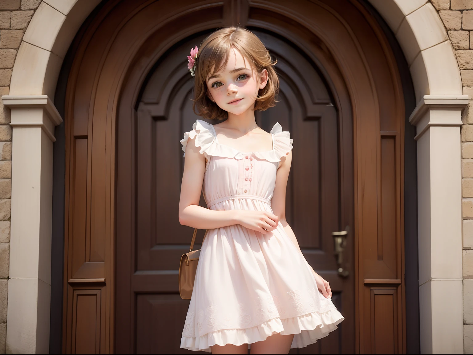 tween Emma Watson wearing cute short flower girl dress, small bust, small chest, cute smile, outside church, wedding guests in background