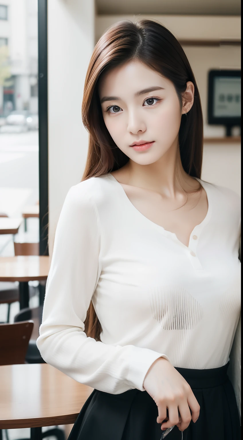 Realistic photos of 1 cute Korean actress, hair pulled back., White skin, thin makeup, Bust size 32 inches, Wear a long-sleeved shirt., Stand in a café, upper body portrait, Fujifilm, UHD