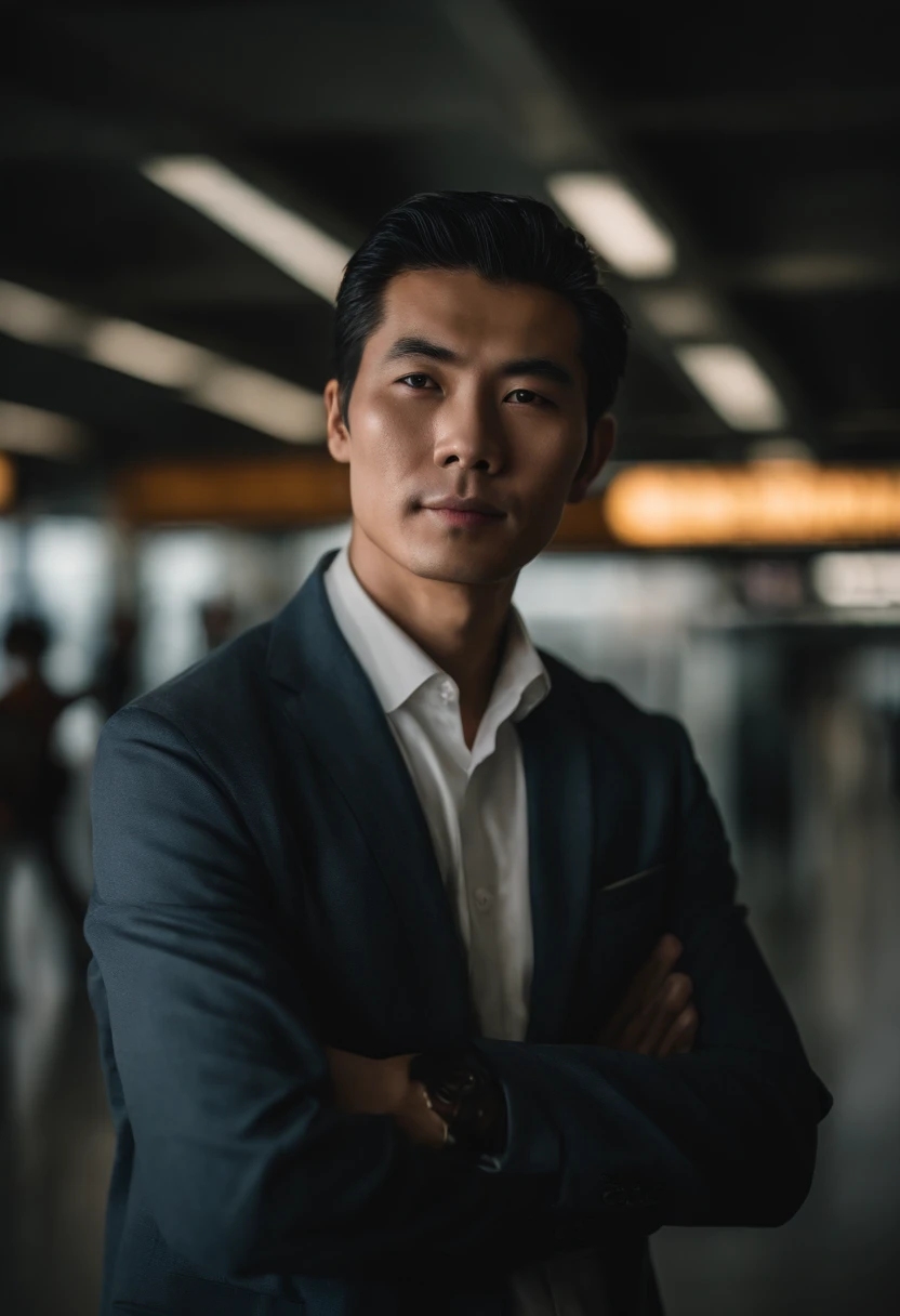 An average photo of a Japanese man in an airport in the background, looking-into-camera, Realistic details, foto tirada com uma Nikon D850, perfeitamente iluminado, uma profundidade de campo rasa