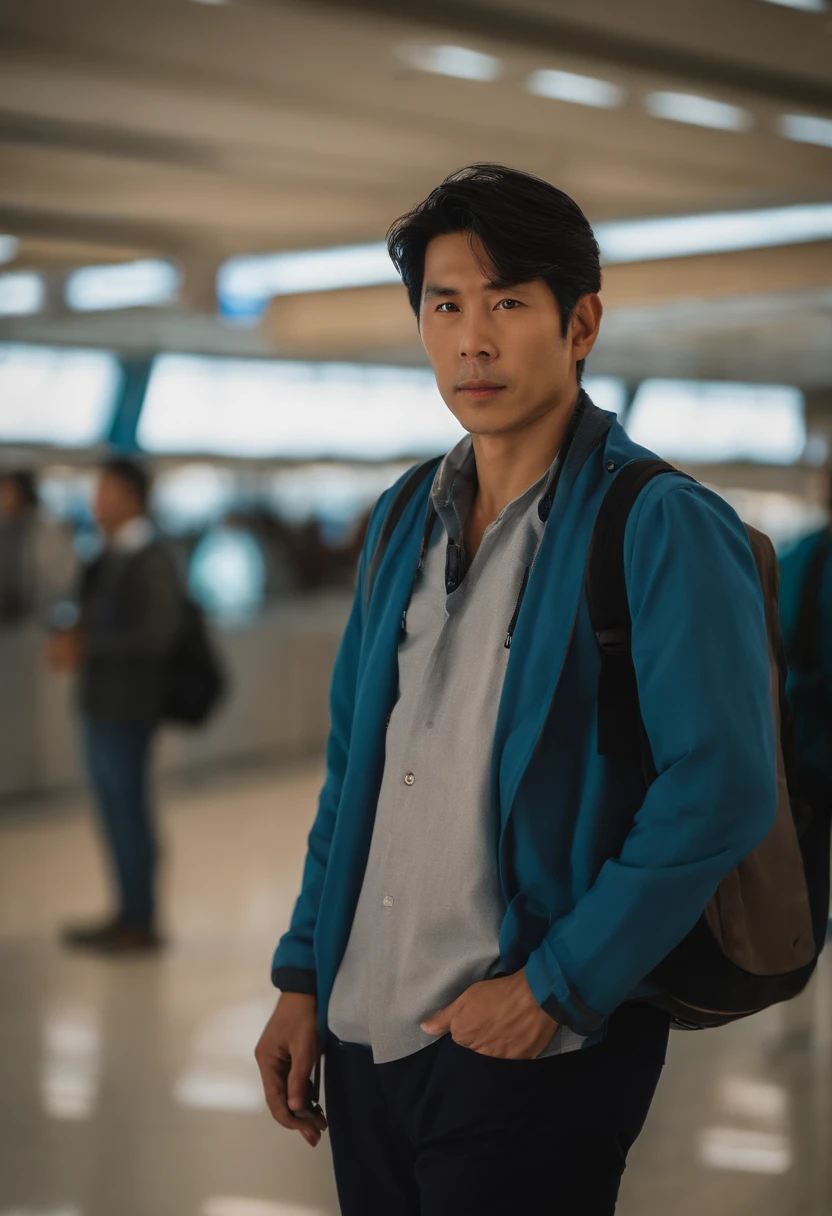 An average photo of a Japanese man in an airport in the background, looking-into-camera, Realistic details, foto tirada com uma Nikon D850, perfeitamente iluminado, uma profundidade de campo rasa