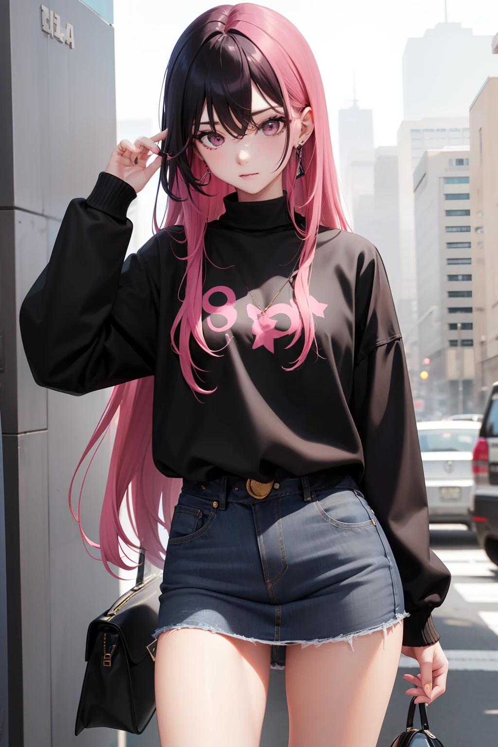 Leader of Runaway Bad Girl, Long Black Jumper, a cool、Skin Jean Miniskirt, Semi-long pink hair, Looking at the viewer, Front view,