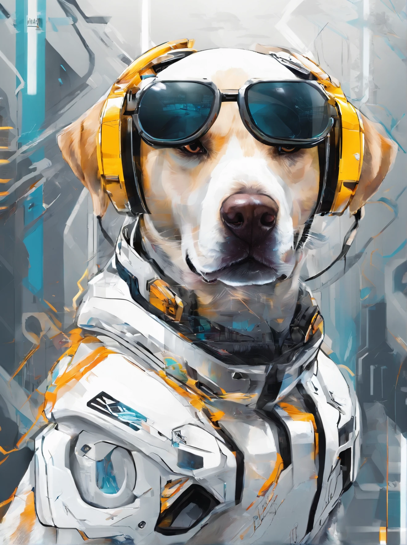 Centrado perfecto, Cute baby Labrador white, Use una chaqueta del equipo estudiantil,subido en harley davidson, usar gafas de sol, Usar auriculares, cheerfulness, standing up position, Belleza abstracta, centrado, Looking at the camera, in front of camera, nearing perfection, dynamic, Altamente detallado, Suave, foco nítido, 8k, high-definition resolution, illustration, arte de Carne Griffiths y Wadim Kashin, fondo universo, fondo planetas