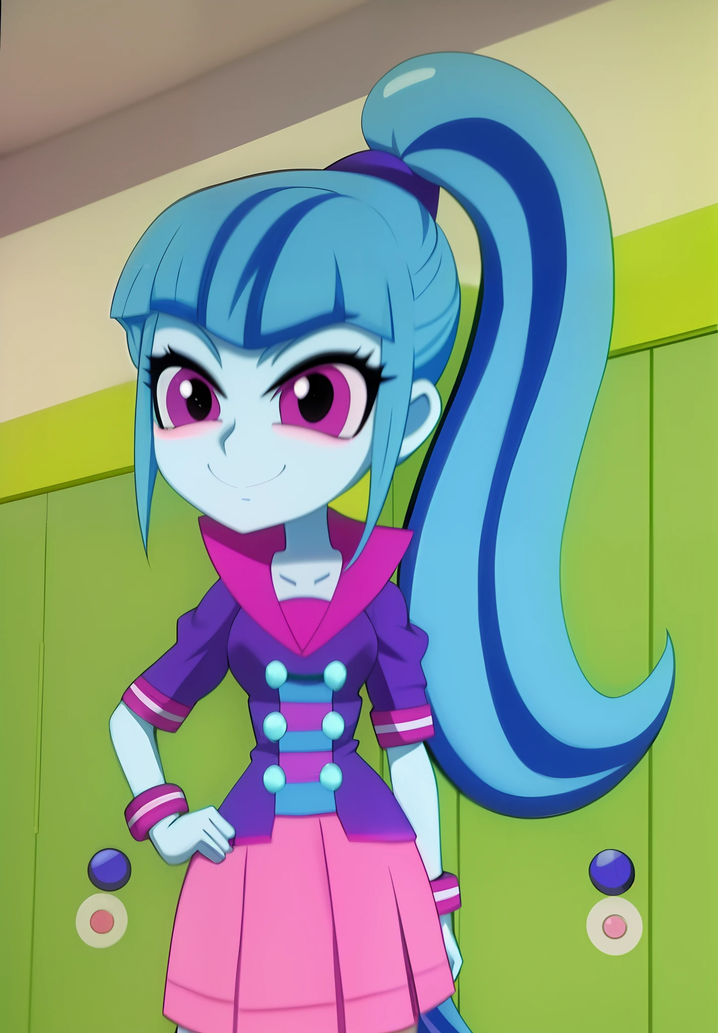 a close up of a cartoon girl with blue hair and a pink dress, magic school uniform, teal uniform, wearing rr diner uniform, she has pale blue skin!!!, nefarious smirk, anime style”, her hair is in a pony tail, giddy smirk, in school hallway, magical school student uniform, in a space cadet outfit, equestria