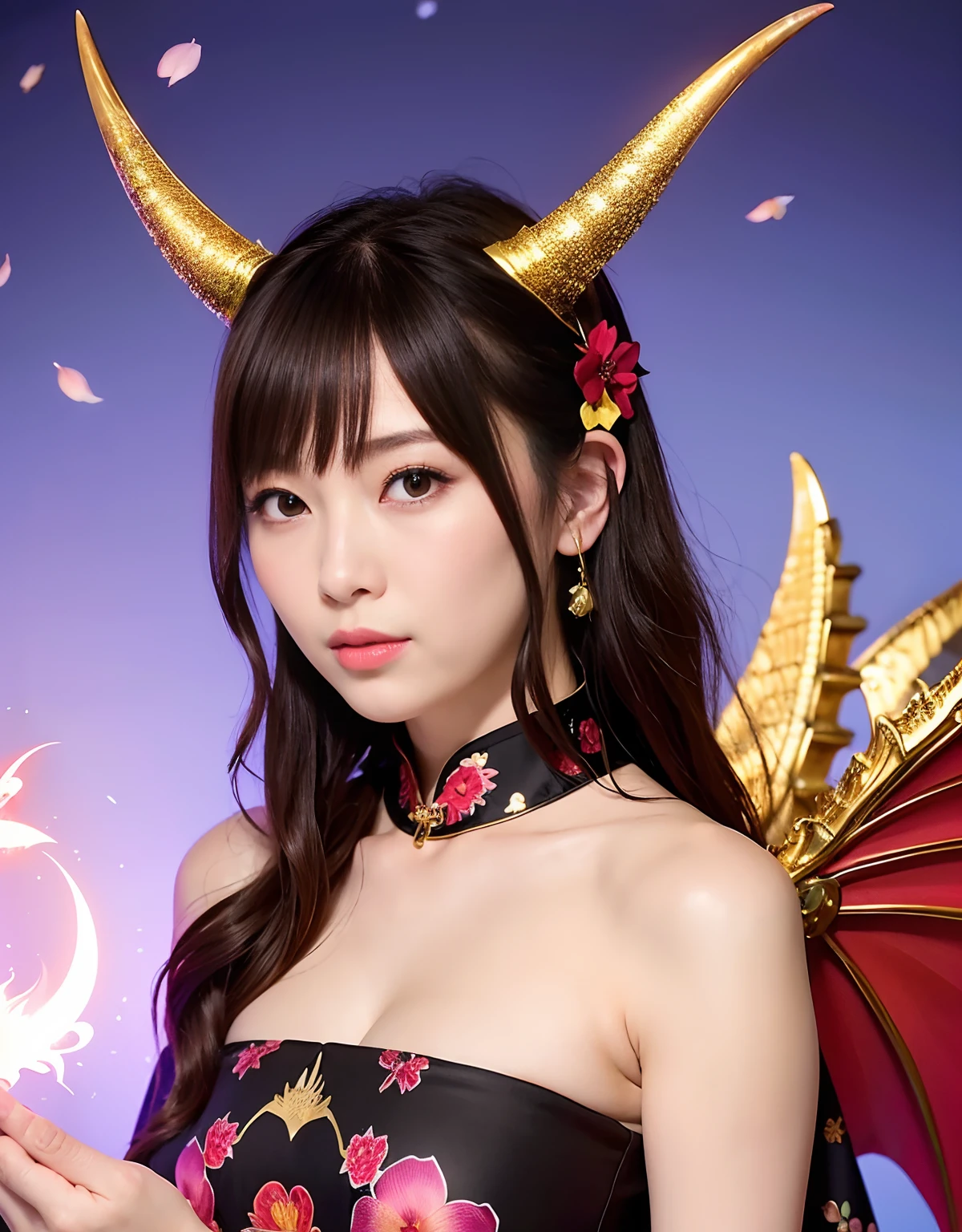 ((World of Darkness)),Professional , ​masterpiece、top-quality、photos realistic , depth of fields 、Dark Fantasy、（Ultimate Beauty）、A dark-haired、（White bikini armor)、（Kimono with beautiful pattern）、（Night background）、（（a dark night））,(Wear a beautiful kimono),（Wear a beautiful kimono with colorful floral patterns）、Jewel Gold Weapon、Particles of light),（Has a devil's mask）、Gorgeous gold weapons ,（（ Gorgeous Dragon Sword）） , （a dark night）,,（maikurobikini） 、（（Black Haired Beautiful Girl））、（Castle background）、（demonic wings）、（（Gangle's forest background））、Beautiful Caucasian beauty、１a person、dynamic ungle,(((Two devil's horns on the head)))、Smaller head、Idle Smile、Thin and beautiful female hands、Mystical expression、Light Effects、intense fighting、Wind-effect、magic circles、With the legendary magic wand、Dragon's tail、