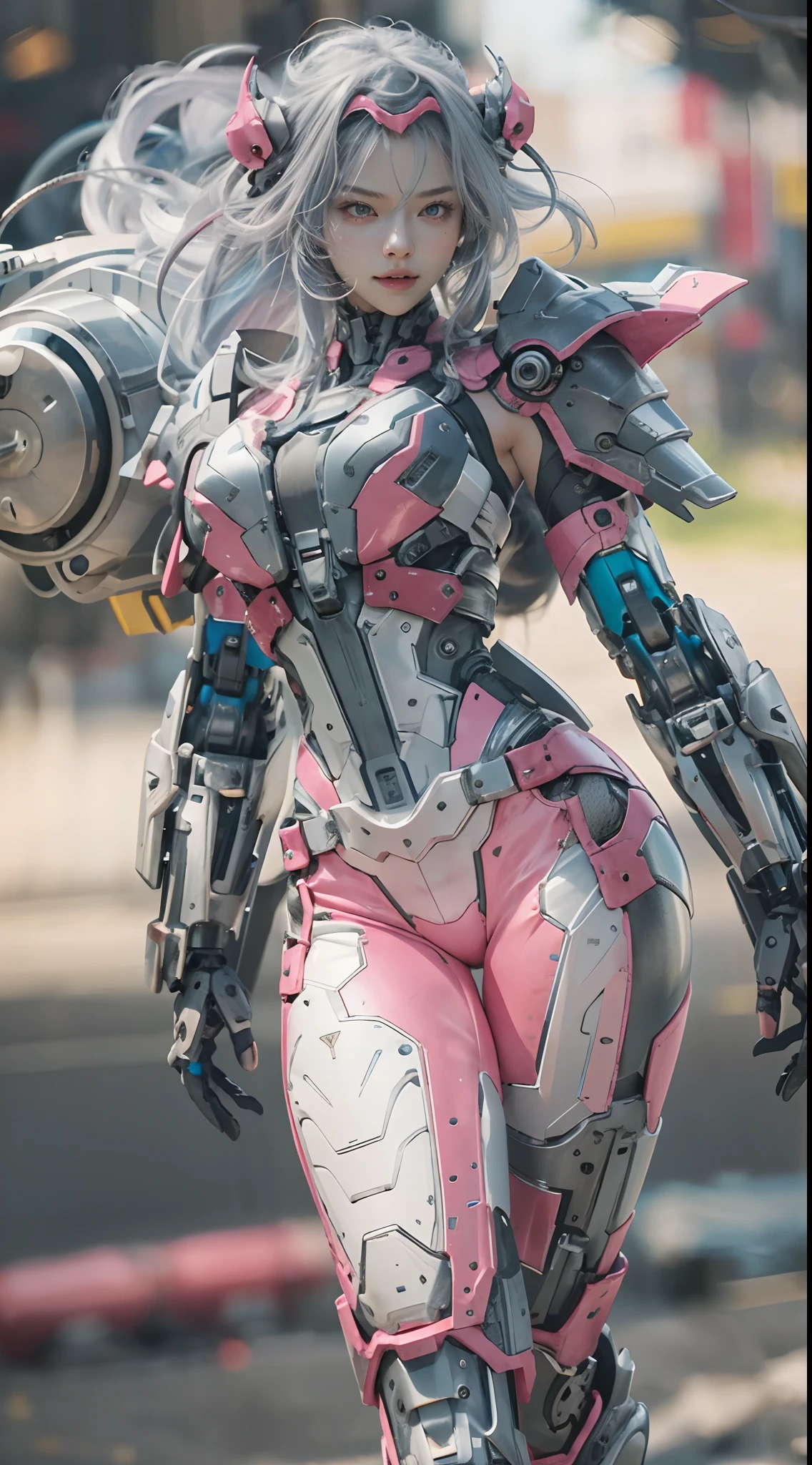 masterpiece, best quality, 1girl, solo, perfect face, looking at viewer, skin tight transparent vinyl, long blue hair, gray eyes, pale skin, shanyaogaoda, mecha, pink armor with white part, armor, helmet, lineart, dimly lit, low key, sharp focus, octane, backlighting, machinery, backlighting, shiny clothes, mechanical legs, thrusters, flying, hair ornament, high heels, shiny, artist name, standing, thighs, pink eyes, teeth, looking down, armored boots, cyborg, (big mechanical background:1.2), bare shoulders, lips, machine, The view from the bottom up, cosplay, RAW photo, delicate, best quality, (intricate details:1.3), hyper detail, finely detailed, colorful, 8k uhd, film grain, (studio lighting:1.2), (Fujifilm XT3), (photorealistic:1.3), (detailed skin:1.2)ultra high res, outside in the park with lake, best quality, photo, 4k, (photorealistic:1.4)