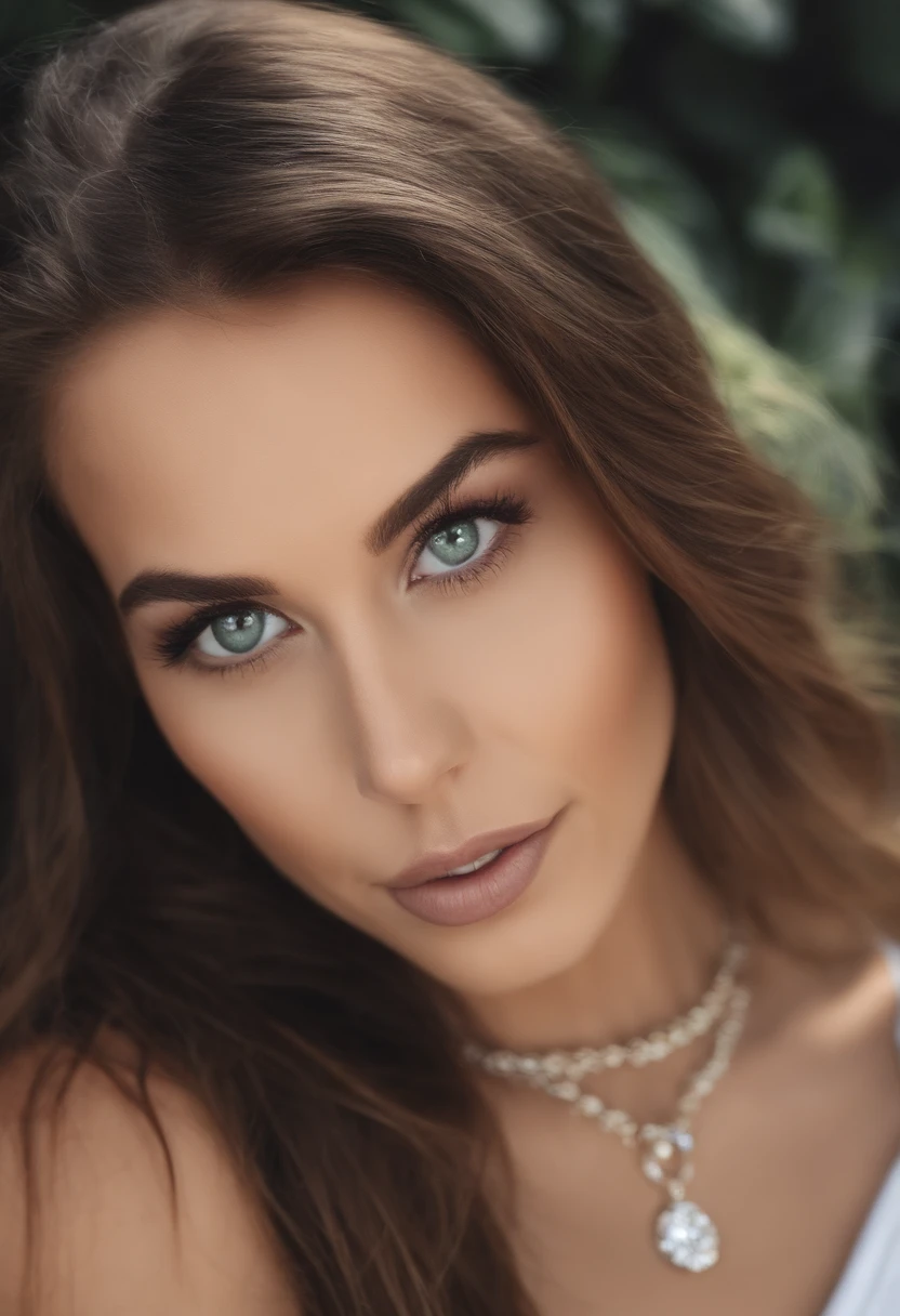 Arafed woman with a white tank top and necklace, fille sexy aux yeux verts, Portrait Sophie Mudd, cheveux bruns et grands yeux, selfie of a young woman, Yeux de chambre, Violet Myers, sans maquillage, maquillage naturel, looking straight at camera, Visage avec Artgram, Maquillage subtil, stunning closeupheadshot, Piercing green eyes 30 years old