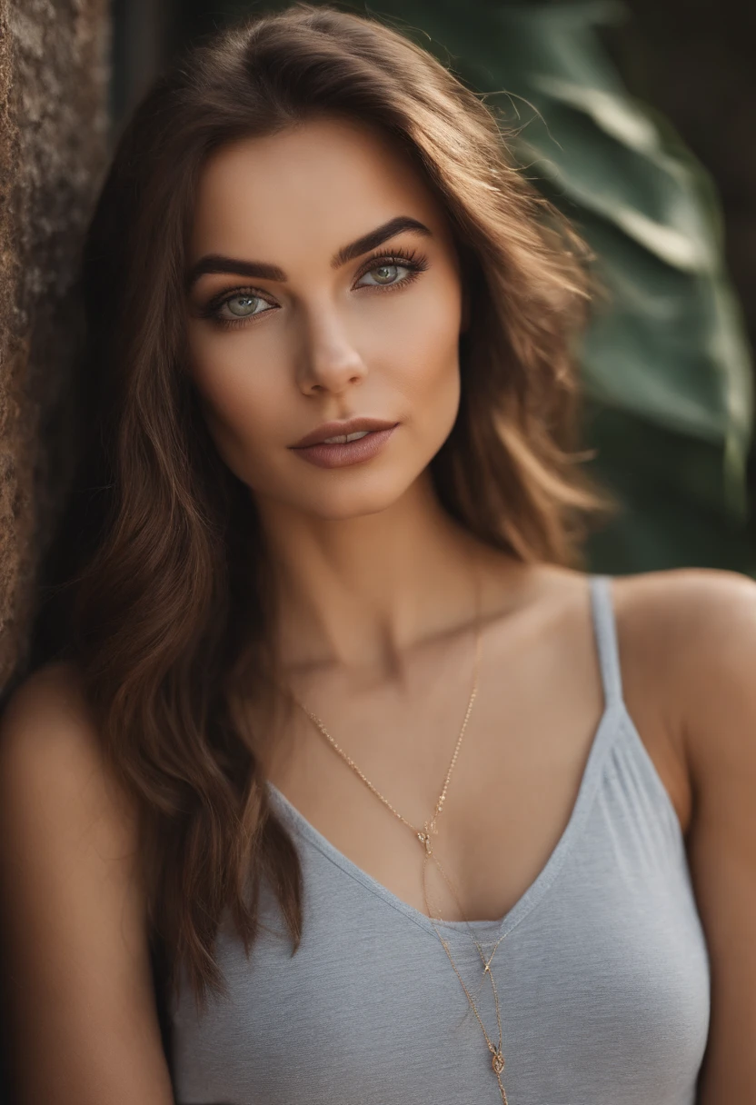 Arafed woman with a white tank top and necklace, fille sexy aux yeux verts, Portrait Sophie Mudd, cheveux bruns et grands yeux, selfie of a young woman, Yeux de chambre, Violet Myers, sans maquillage, maquillage naturel, looking straight at camera, Visage avec Artgram, Maquillage subtil, stunning closeupheadshot, Piercing green eyes 30 years old