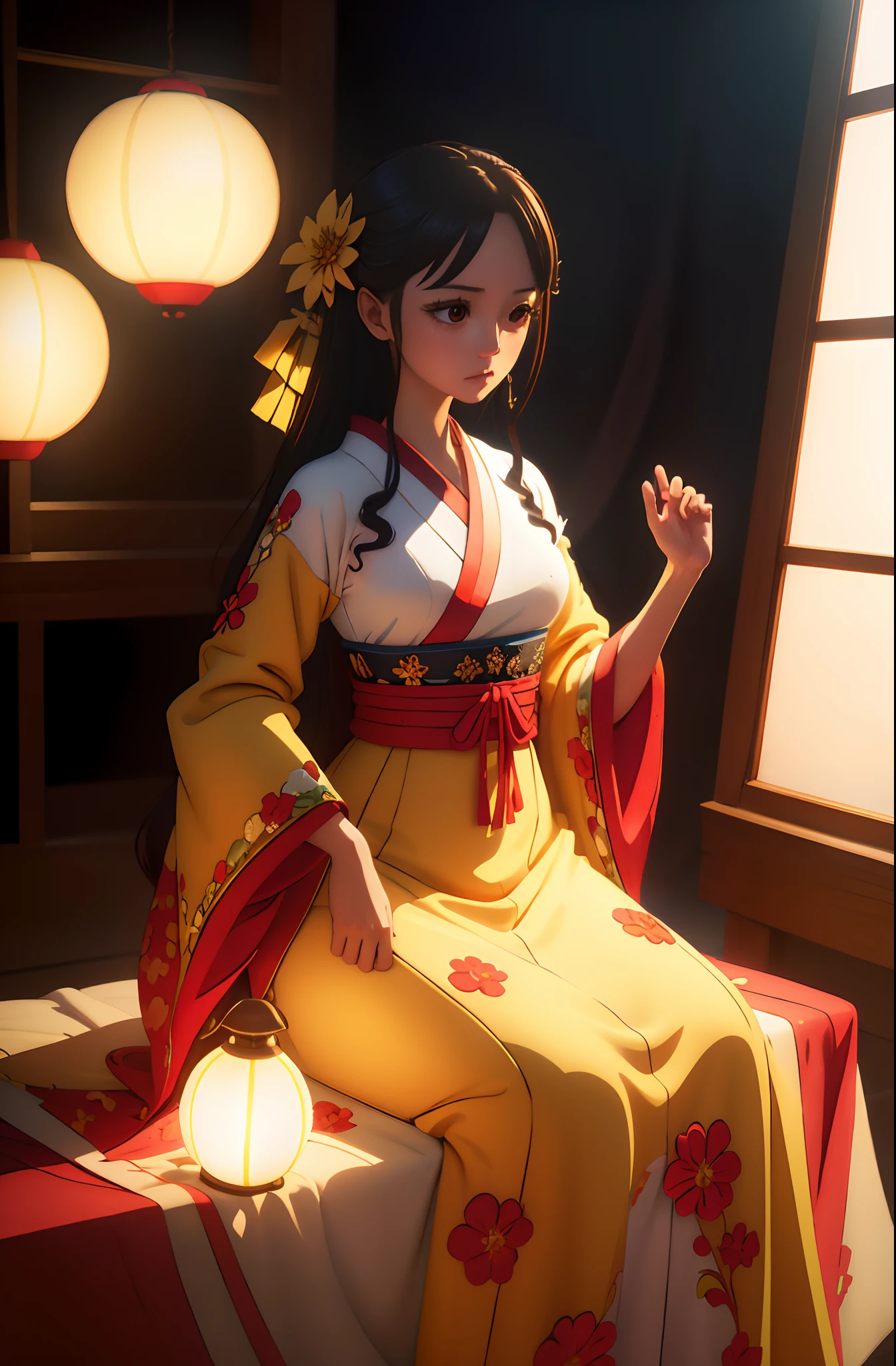 Need,tmasterpiece,A high resolution,(Delicate figure:1.5),Absolutely beautiful,(Milky skin:1.3),exquisitedetails,Real Human,A high resolution,Wallpapers,1female,独奏,shift dresses,hair adornments,(((Golden and red dress)) ), florals, long whitr hair, A brown-haired, Keep one's mouth shut, trinkets, longer sleeves, Raise Hand, Wide sleeves, Big eyes, Fluttering, Hanfu, Hanfu, embroidery, long skirt, natural poses, falling flower petals, inside in room, Fanning,lanterns,16K,HDR,A high resolution,depth of fields,(filmgrain:1.1),Bocoon,prime time,(lens flare glow),Vignette,rainbowing,(Color:1.5)