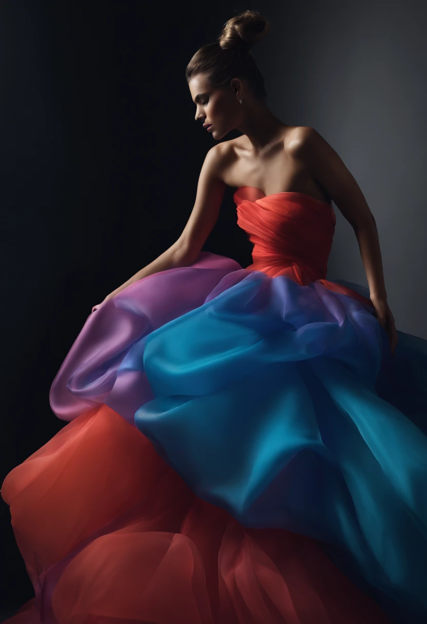 Stunning woman in oversized bubble Balenciaga dress, black bubble color, model