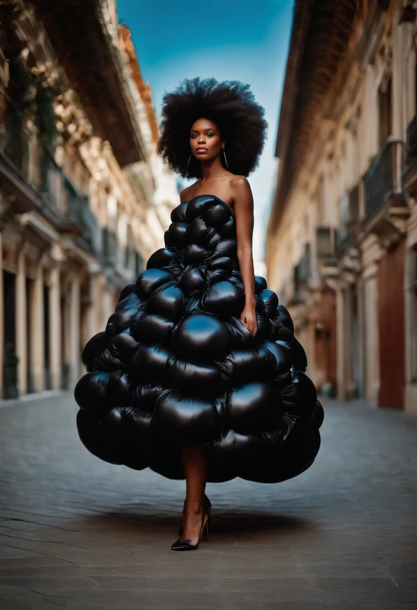Stunning woman in oversized bubble Balenciaga dress, black bubble color, model