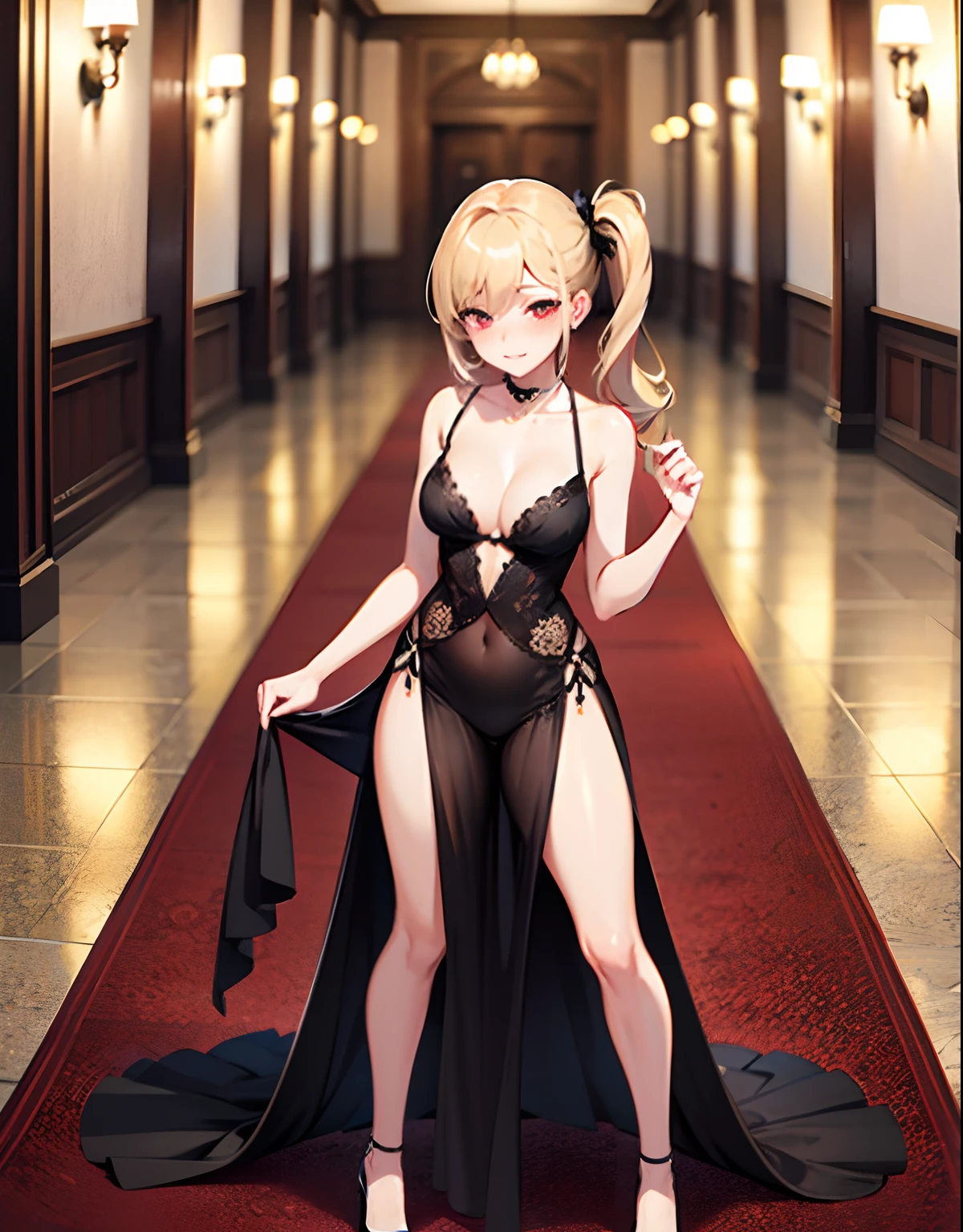 Beautiful anime girl [blonde one side ponytail, freckles, beautiful red eyes, freckles, choker, shy expression , innocent expression, blushing, collarbone, large breasts, small waist, wide hips, juicy thighs], wearing dress [ short dress, elegant dress, black dress, sexy dress, revealing dress, cleavage] , wearing black elegant high heels, in the hall of a high class hotel, facing the camera, posing standing, sexy posing, 8k, best quality, highres, masterpiece, full body picture