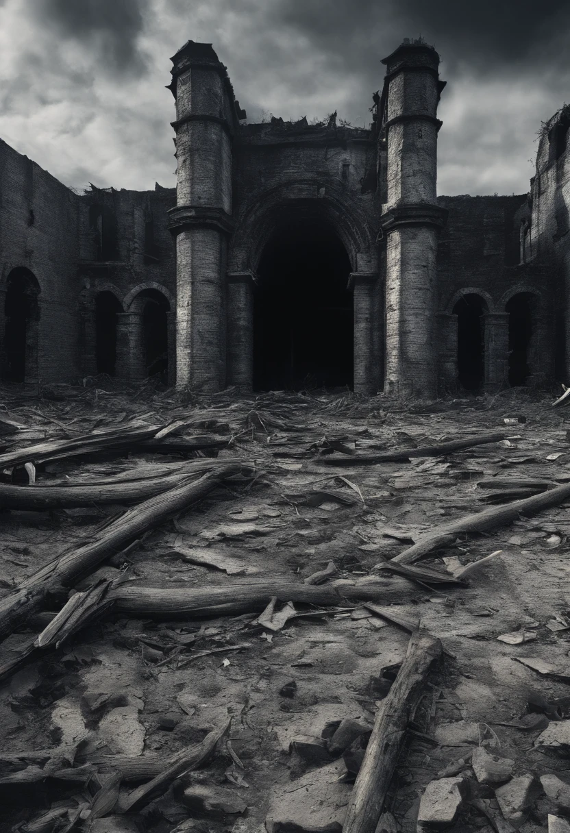 Scary and giant dungeon in the middle of vast and destroyed countryside, cidade e vilarejo devastado.