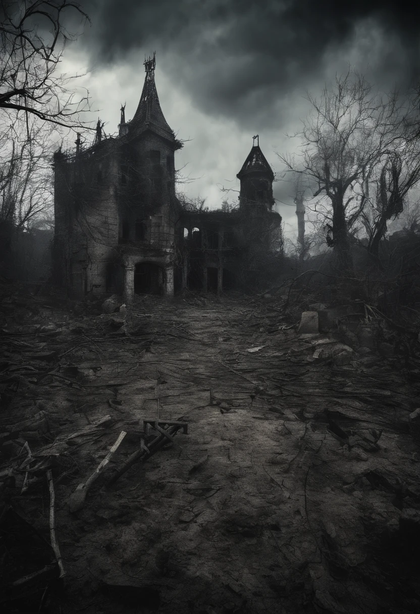 Scary and giant dungeon in the middle of vast and destroyed countryside, cidade e vilarejo devastado.