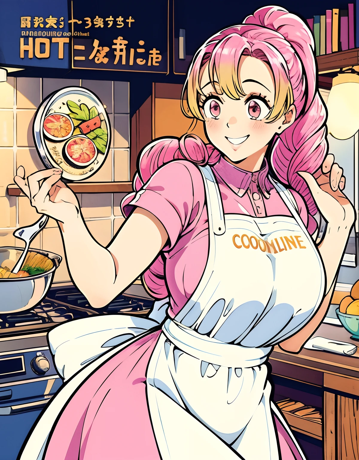 (Best Quality, Masterpiece), Front cover of a women's cooking magazine, 1girl, 30 years old,stunning, cute, heartwarming smile, hourglass figure, wearing floral dress, pinny apron, beautiful food, text, diagrams, advertisements, magazine title, ponytail hairstyles, very long pink hair