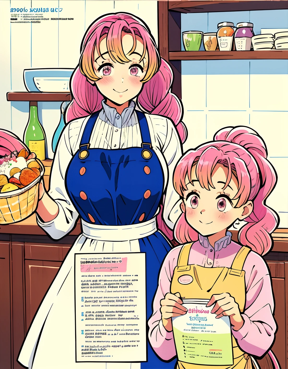 (Best Quality, Masterpiece), Front cover of a women's cooking magazine, 1girl, 30 years old,stunning, cute, heartwarming smile, hourglass figure, wearing floral dress, pinny apron, beautiful food, text, diagrams, advertisements, magazine title, ponytail hairstyles, very long pink hair