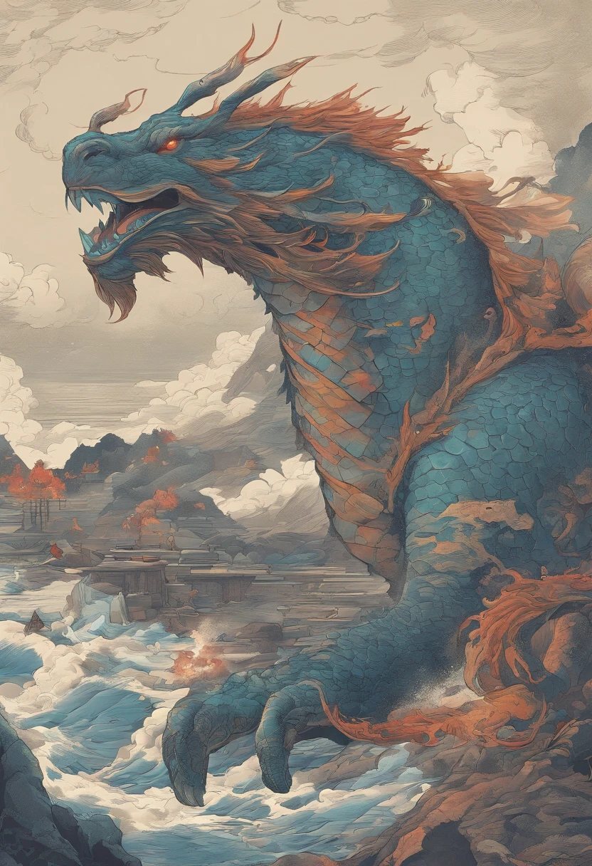 China-style,Chinese mythology,Dragon turtle,faucet,Angular,Turtle body,Giant tortoiseshell shell,(Heavy tortoiseshell shell:1.4),The tail of the snake grows out,has horns on its head,tosen,Ferocious,gargantuan,The eyes glow blue light,the sea,Huge waves,surrounded by cloud,中景 the scene is,Full body like, highly detailed surreal vfx,oc rendered,