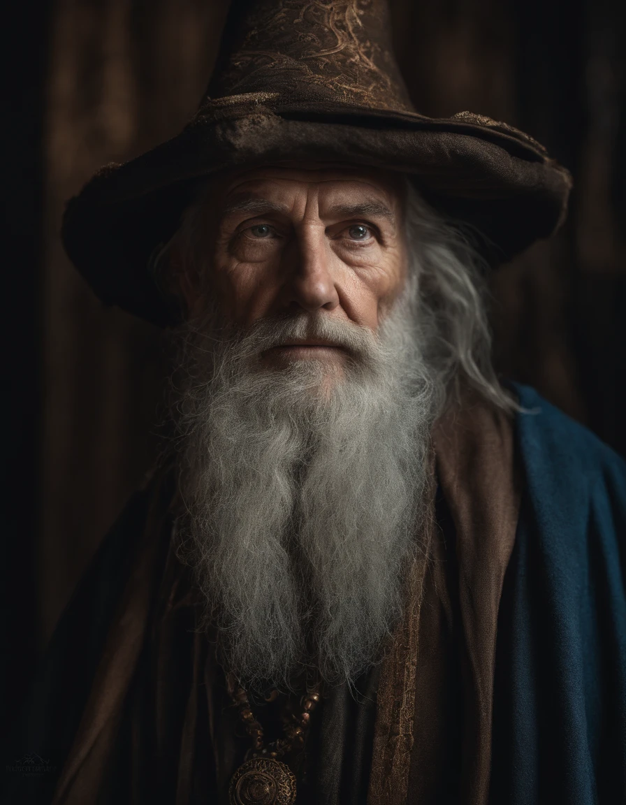 A portrait of a wizard, bearded, wrinkled, weathered, with piercing eyes, detailed face, high details, photography, dark studio, rim light, Nikon D850, 50mm, f/1.4