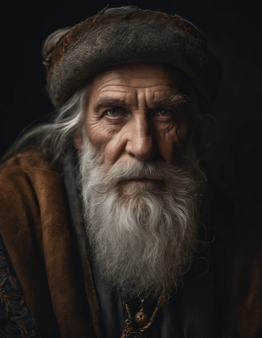 A portrait of a wizard, bearded, wrinkled, weathered, with piercing eyes, detailed face, high details, photography, dark studio, rim light, Nikon D850, 50mm, f/1.4