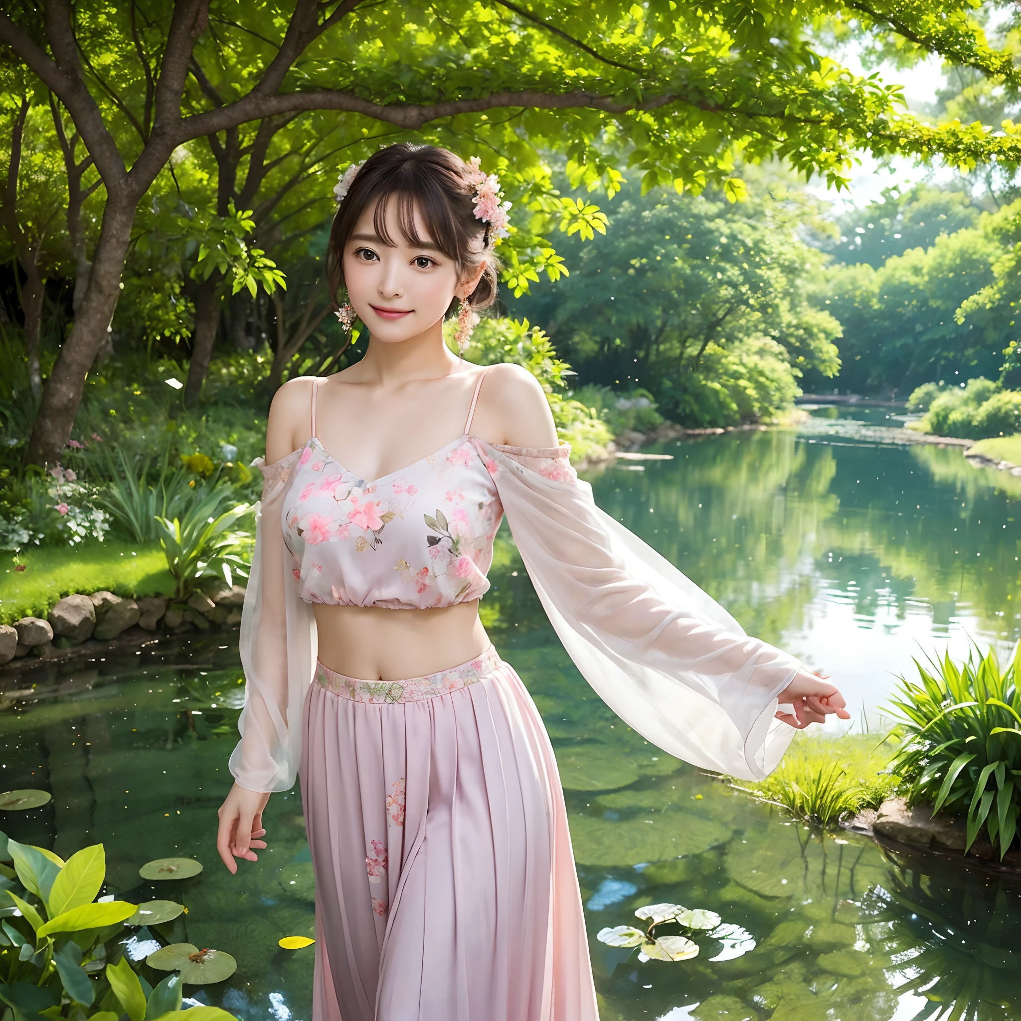 In the heart of a tranquil park, a beautiful girl graces the scenery with her vibrant presence. She is adorned in a kaleidoscope of colors, her attire a testament to the harmony of nature and artistry. A flowing skirt, painted in shades of soft lavender and gentle teal, ripples like a tranquil pond, mirroring the peaceful surroundings.
closeup view
Her blouse, a delicate blush pink, complements the natural palette, evoking the tender blossoms that adorn the park’s gentle trees. Around her neck, a scarf with intricate floral patterns whispers of nature’s own design, while earrings and accessories in playful shades of coral and gold add a touch of whimsy to her ensemble.
As she strolls along the winding pathways, her every step seems to blend seamlessly with the rustling leaves and the distant songs of birds. The dappled sunlight, filtering through the lush canopy, caresses her features, highlighting the gentle curve of her smile and the sparkles in her eyes.
The park’s pond, serene and reflective, mirrors the azure sky and the verdant surroundings, creating a dreamlike tableau. In this idyllic haven, the beautiful girl stands as a living embodiment of nature’s grace and the joy it imparts. Her colorful attire harmonizes effortlessly with the peaceful landscape, weaving a tapestry of beauty, tranquility, and timeless elegance. Together, they form a scene of enchanting serenity that captivates all who behold it.