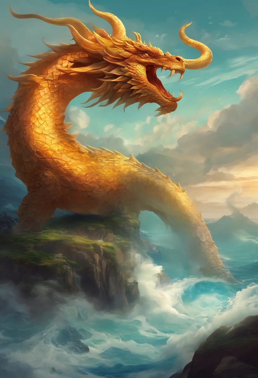 China-style，Chinese mythology，Dragon turtle，faucet，Angular，Turtle body，Giant tortoiseshell shell，（Heavy tortoiseshell shell：1.4），The tail of the snake grows out，has horns on its head，tosen，Ferocious，gargantuan，The eyes glow blue light，the sea，Huge waves，surrounded by cloud，中景 the scene is，Full body like， highly detailed surreal vfx，oc rendered，