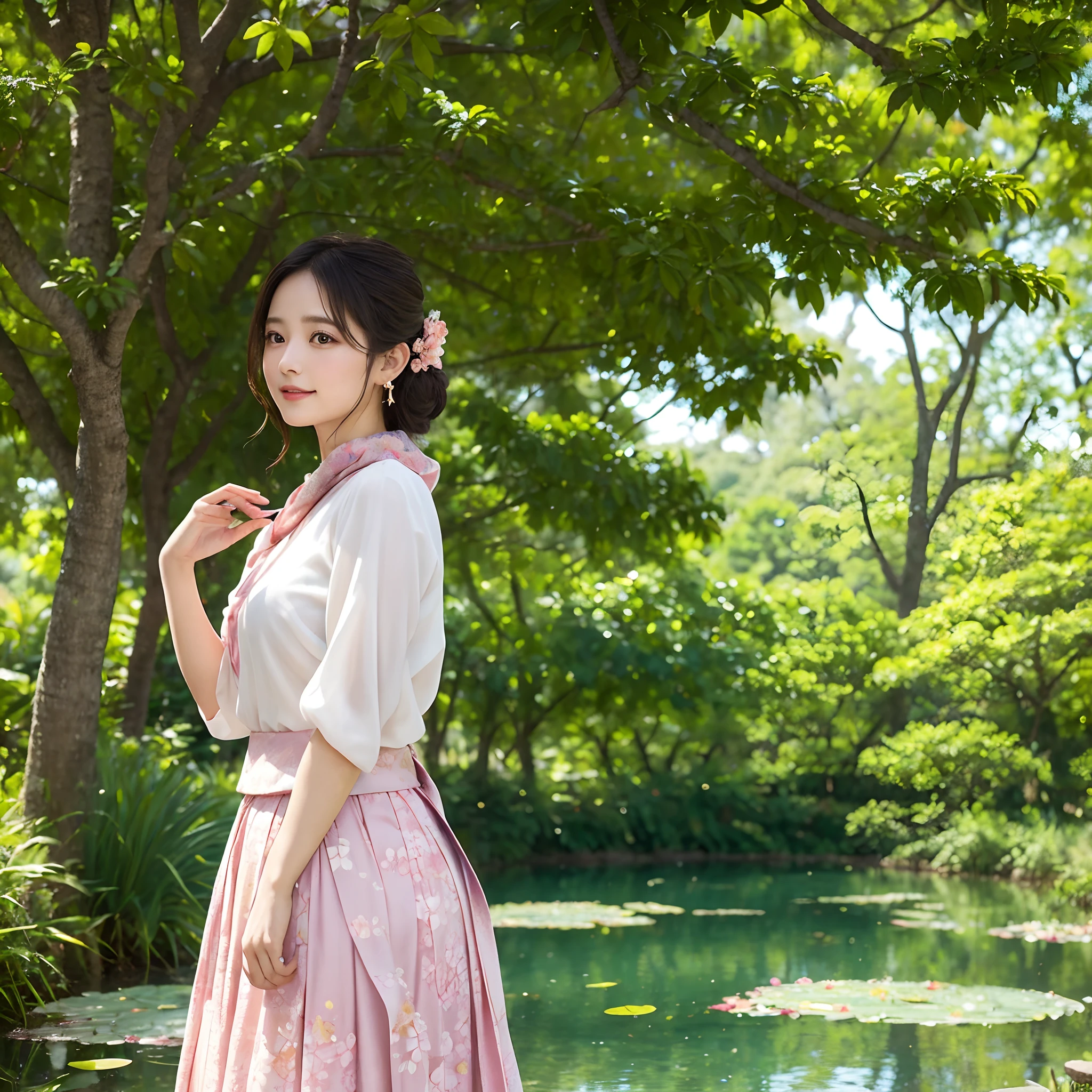 In the heart of a tranquil park, a beautiful girl graces the scenery with her vibrant presence. She is adorned in a kaleidoscope of colors, her attire a testament to the harmony of nature and artistry. A flowing skirt, painted in shades of soft lavender and gentle teal, ripples like a tranquil pond, mirroring the peaceful surroundings.
closeup view
Her blouse, a delicate blush pink, complements the natural palette, evoking the tender blossoms that adorn the park’s gentle trees. Around her neck, a scarf with intricate floral patterns whispers of nature’s own design, while earrings and accessories in playful shades of coral and gold add a touch of whimsy to her ensemble.
As she strolls along the winding pathways, her every step seems to blend seamlessly with the rustling leaves and the distant songs of birds. The dappled sunlight, filtering through the lush canopy, caresses her features, highlighting the gentle curve of her smile and the sparkles in her eyes.
The park’s pond, serene and reflective, mirrors the azure sky and the verdant surroundings, creating a dreamlike tableau. In this idyllic haven, the beautiful girl stands as a living embodiment of nature’s grace and the joy it imparts. Her colorful attire harmonizes effortlessly with the peaceful landscape, weaving a tapestry of beauty, tranquility, and timeless elegance. Together, they form a scene of enchanting serenity that captivates all who behold it.