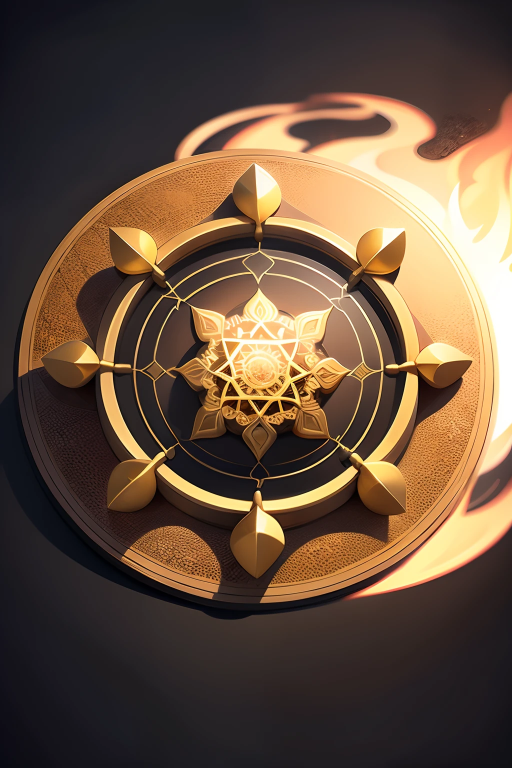 A round ornamental eight pointed mandala made of fire and flames surrounded by stone.