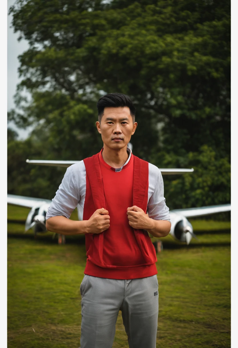 An average photo of a Chinese man with a plane in the background, looking-into-camera, Realistic details, foto tirada com uma Nikon D850, perfeitamente iluminado, uma profundidade de campo rasa