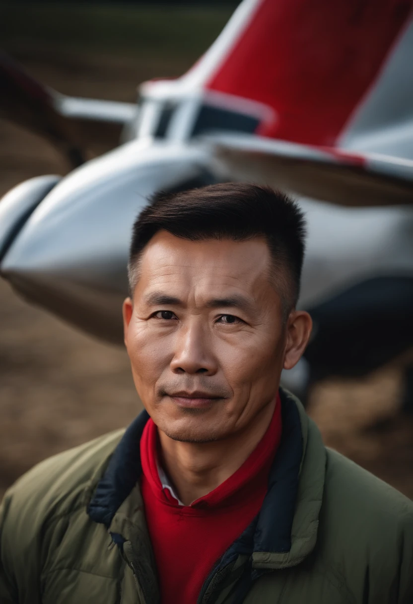 An average photo of a Chinese man with a plane in the background, looking-into-camera, Realistic details, foto tirada com uma Nikon D850, perfeitamente iluminado, uma profundidade de campo rasa