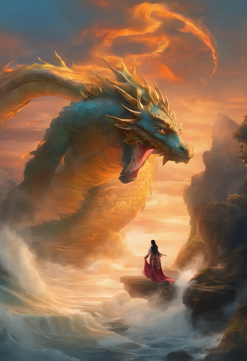 China-style,Chinese mythology,Dragon turtle,faucet,Angular,Turtle body,Giant tortoiseshell shell,(Heavy tortoiseshell shell:1.4),The tail of the snake grows out,has horns on its head,tosen,Ferocious,gargantuan,The eyes glow blue light,the sea,Huge waves,surrounded by cloud,中景 the scene is,Full body like, highly detailed surreal vfx,oc rendered,