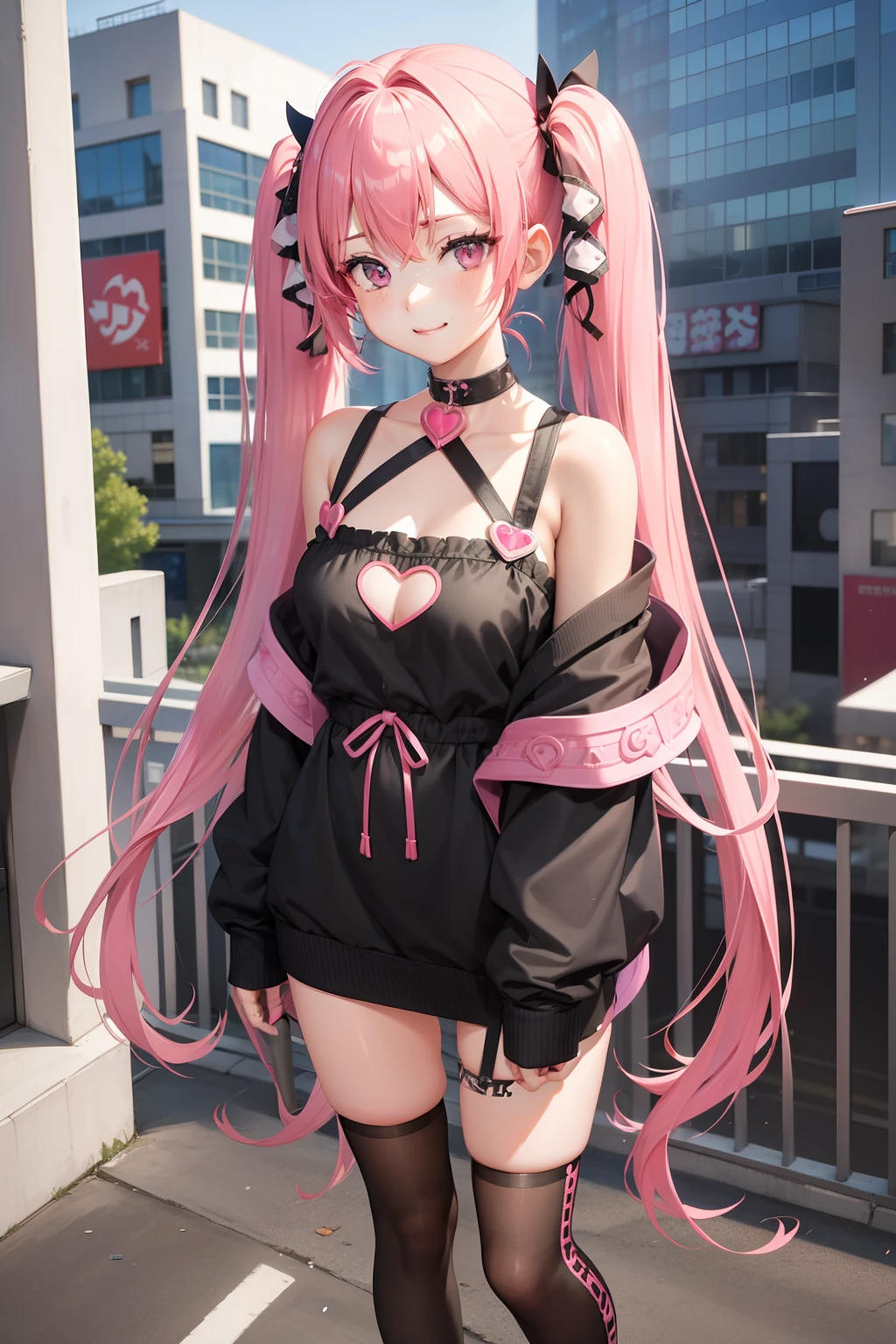 full body Esbian, masutepiece: 1.2, Highest Quality), (Live-action, elaborate details), (1 Lady, Solo, Upper body,) Clothing: Edgy, Black long jumper, pink miniskirt, long hair with pink twin tails,,,,,,,,,,,,,,,、Avant-garde, Experimental appearance: Long pink twin tail hair 、Heart-shaped choker、The location: bustling city、Solo, Nice smile、Value Creation in Mixed Media Art: individuality, authenticity, Creative expression