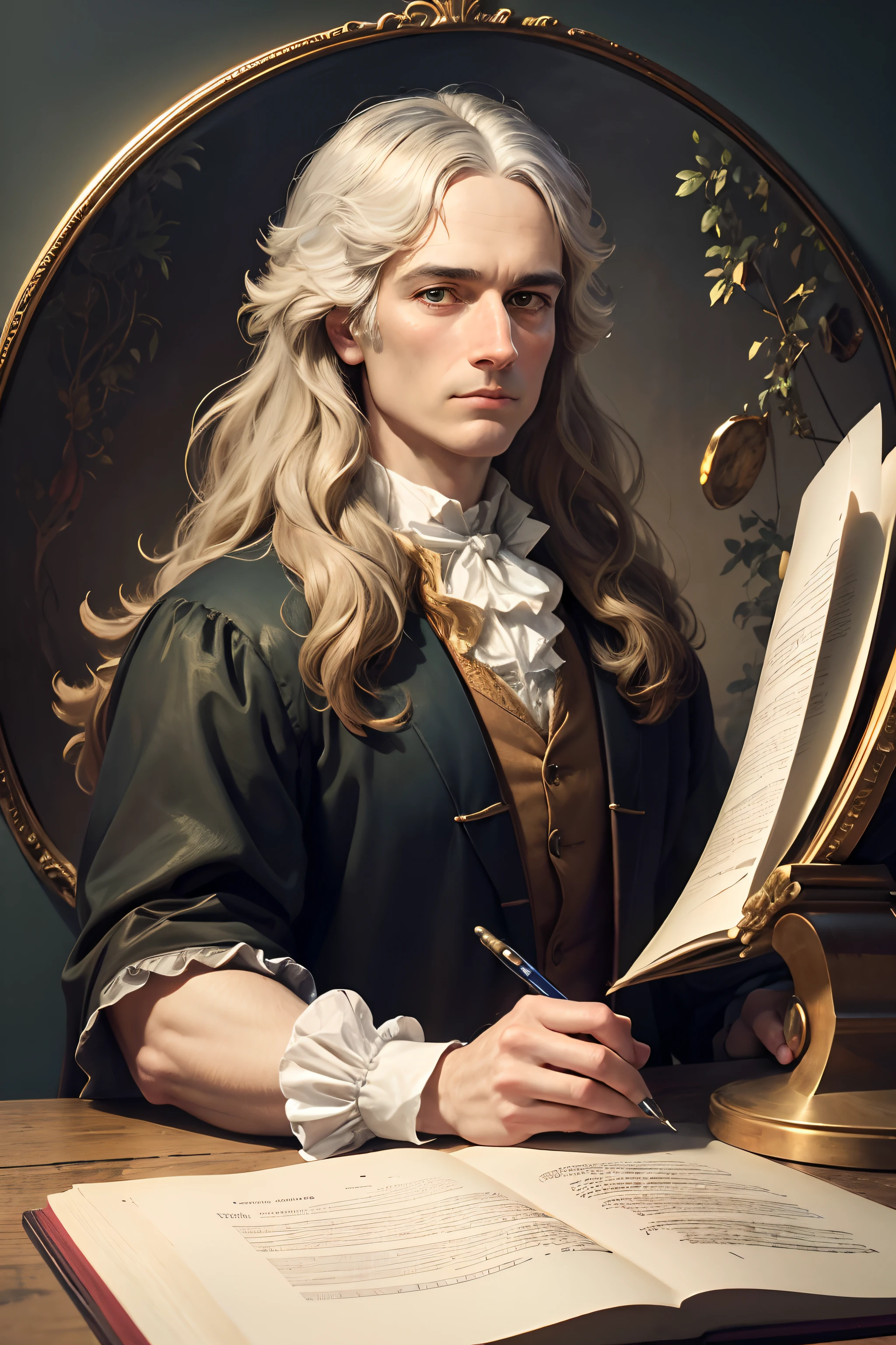 (best quality,4k,8k,highres,masterpiece:1.2),ultra-detailed,realistic,photorealistic:1.37,portraits,Isaac Newton painting,colorful,soft lighting,scientific genius,thoughtful expression,period clothing,wisdom in his eyes,gravity,personification of curiosity,academic background,books and manuscripts,quill pen,apple as a symbol of discovery,enlightenment,dramatic chiaroscuro,rich texture,capturing the essence of Newton's contributions to physics,mathematical equations,subtle brushstrokes,aged canvas,artistic masterpiece,deep contemplation,classic pose