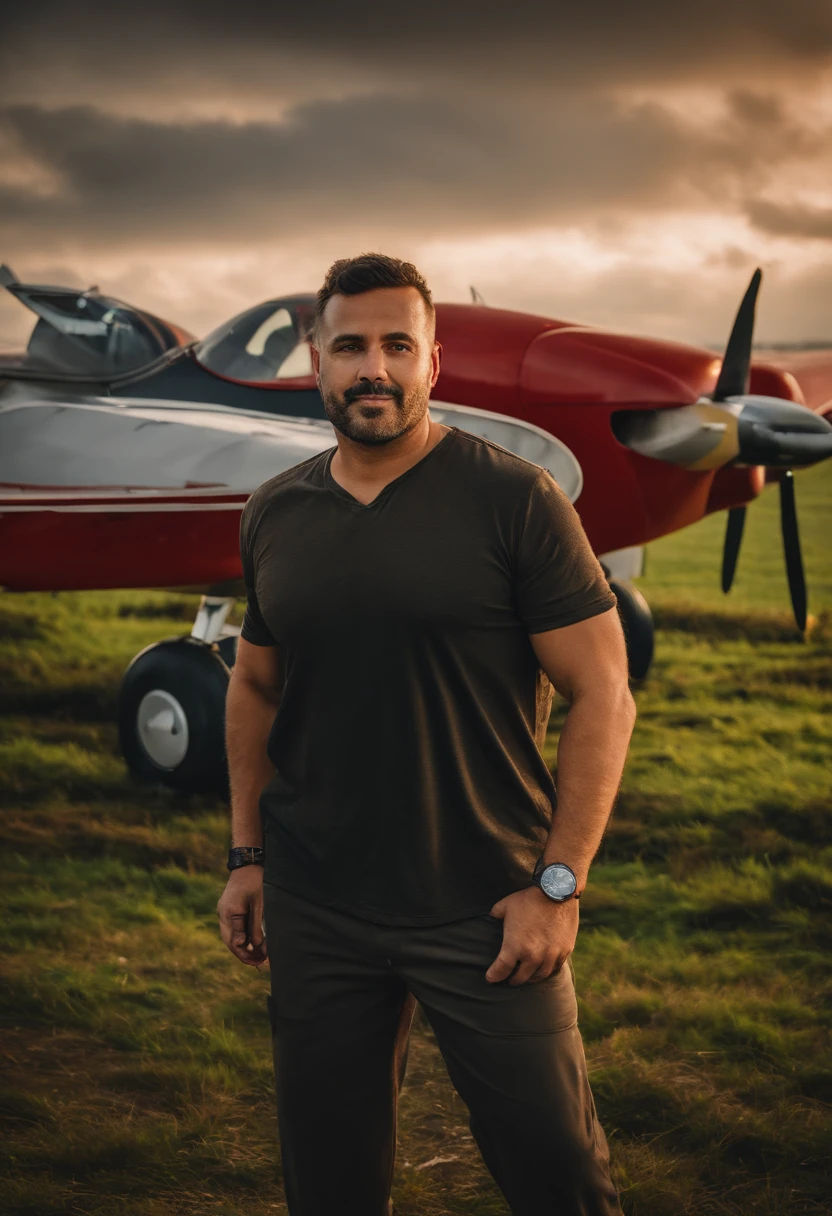 An average photo of a man with a plane in the background, looking-into-camera, Realistic details, foto tirada com uma Nikon D850, perfeitamente iluminado, uma profundidade de campo rasa