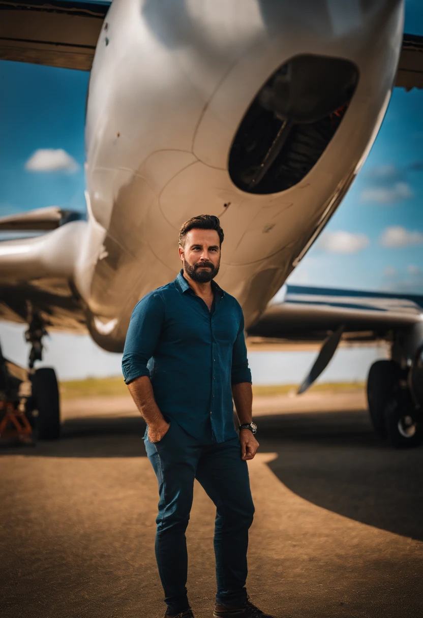 An average photo of a man with a plane in the background, looking-into-camera, Realistic details, foto tirada com uma Nikon D850, perfeitamente iluminado, uma profundidade de campo rasa