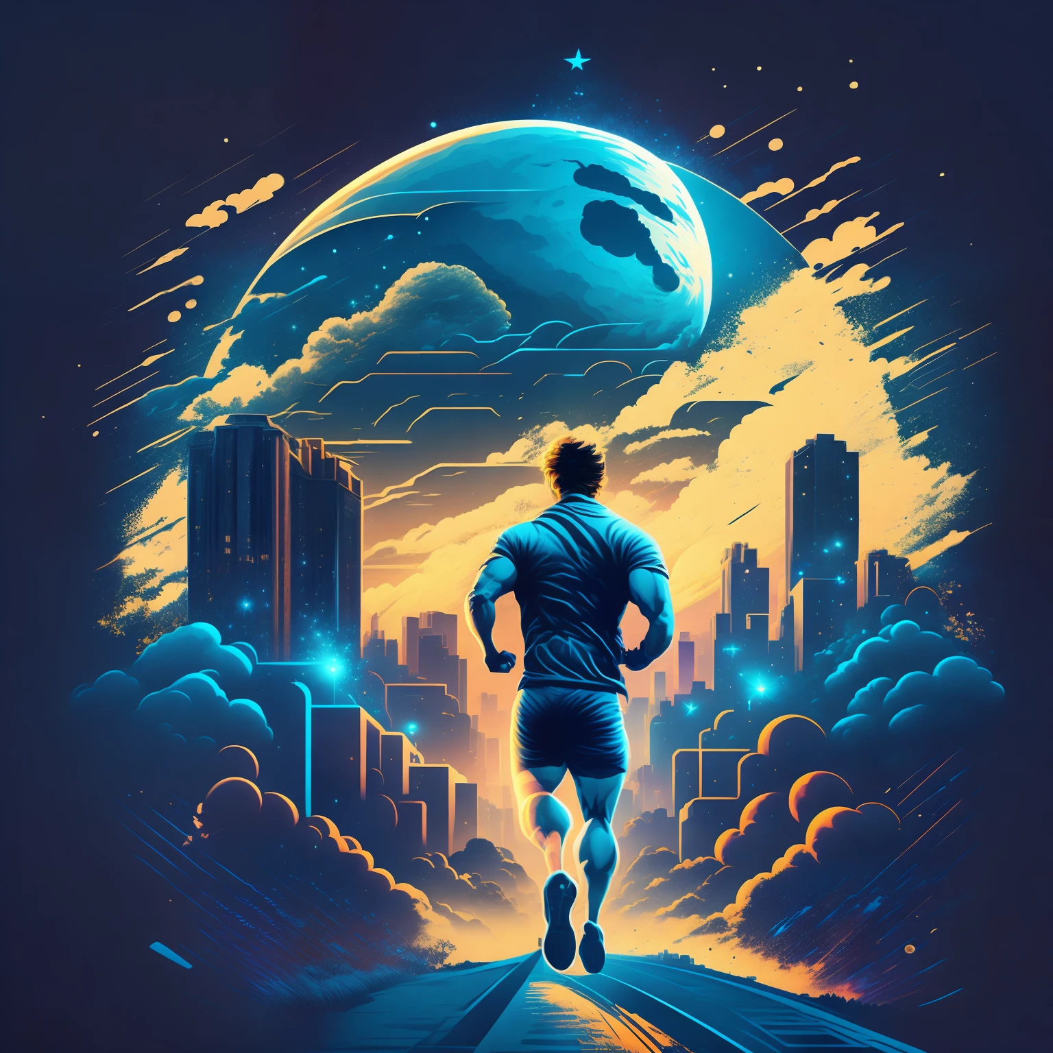Running man, view from back of the man, run on the park, sweat man, night with moon, no cloud, city background, high building,, T-shirt design, midjourney, vector art, hydro74