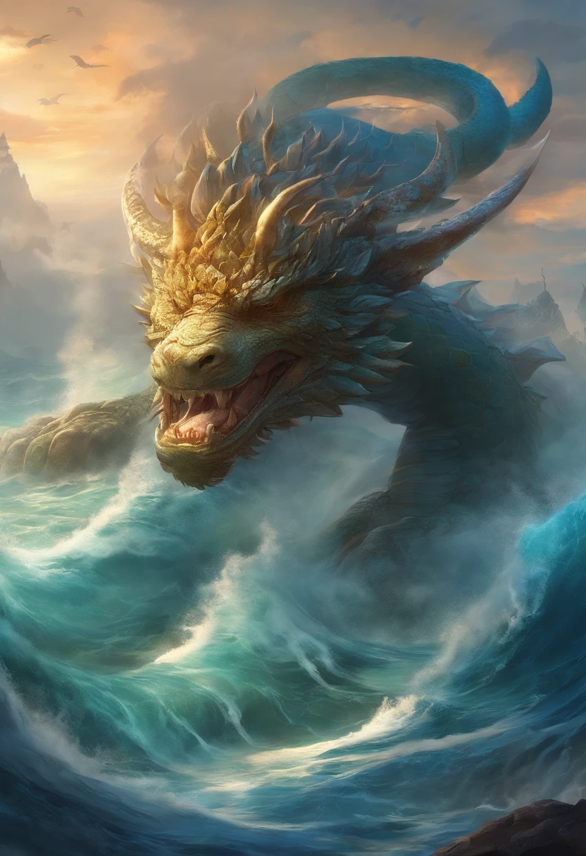 China-style,Chinese mythology,Dragon turtle,faucet,Angular,Turtle body,Giant tortoiseshell shell,(Heavy tortoiseshell shell:1.4),The tail of the snake grows out,has horns on its head,tosen,Ferocious,gargantuan,The eyes glow blue light,the sea,Huge waves,surrounded by cloud,中景 the scene is,Full body like, highly detailed surreal vfx,oc rendered,