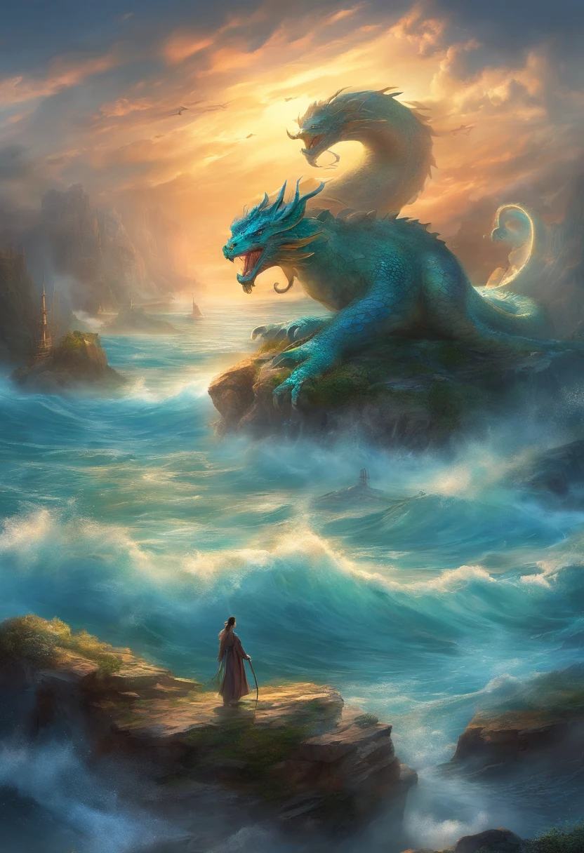 China-style,Chinese mythology,Xuanwu,faucet,Turtle body,Snake tail,has horns on its head,tosen,Ferocious,gargantuan,The eyes glow blue light,the sea,Huge waves,surrounded by cloud,中景 the scene is,Full body like, highly detailed surreal vfx,oc rendered, - AR 16:9 --q 2 --s 1000