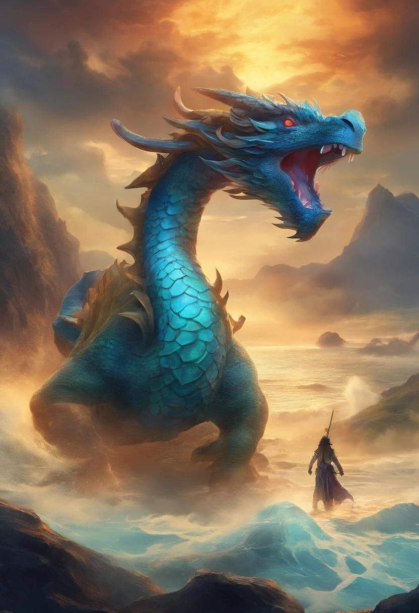 China-style,Chinese mythology,Dragon turtle,faucet,Angular,Turtle body,Giant tortoiseshell shell,(Heavy tortoiseshell shell:1.4),The tail of the snake grows out,has horns on its head,tosen,Ferocious,gargantuan,The eyes glow blue light,the sea,Huge waves,surrounded by cloud,中景 the scene is,Full body like, highly detailed surreal vfx,oc rendered,