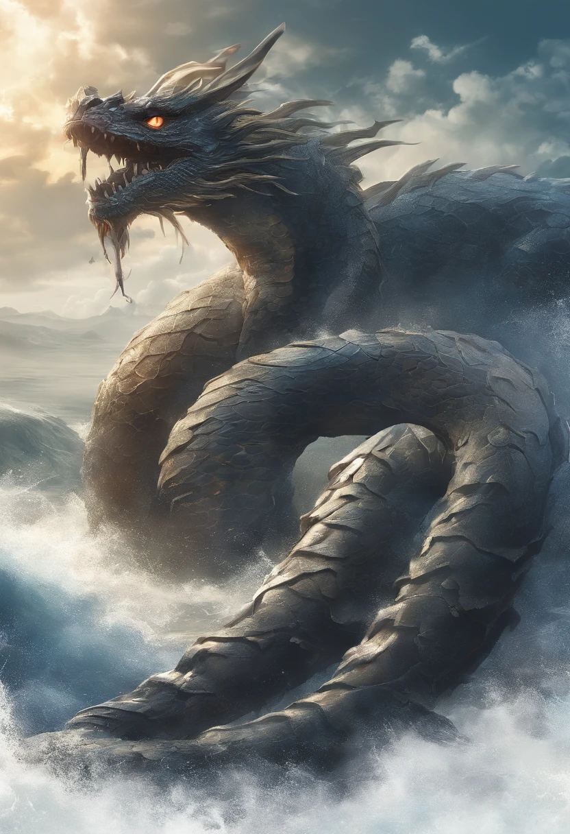 China-style，Chinese mythology，Dragon turtle，faucet，Angular，Turtle body，Giant tortoiseshell shell，（Heavy tortoiseshell shell：1.4），The tail of the snake grows out，has horns on its head，tosen，Ferocious，gargantuan，The eyes glow blue light，the sea，Huge waves，surrounded by cloud，中景 the scene is，Full body like， highly detailed surreal vfx，oc rendered，