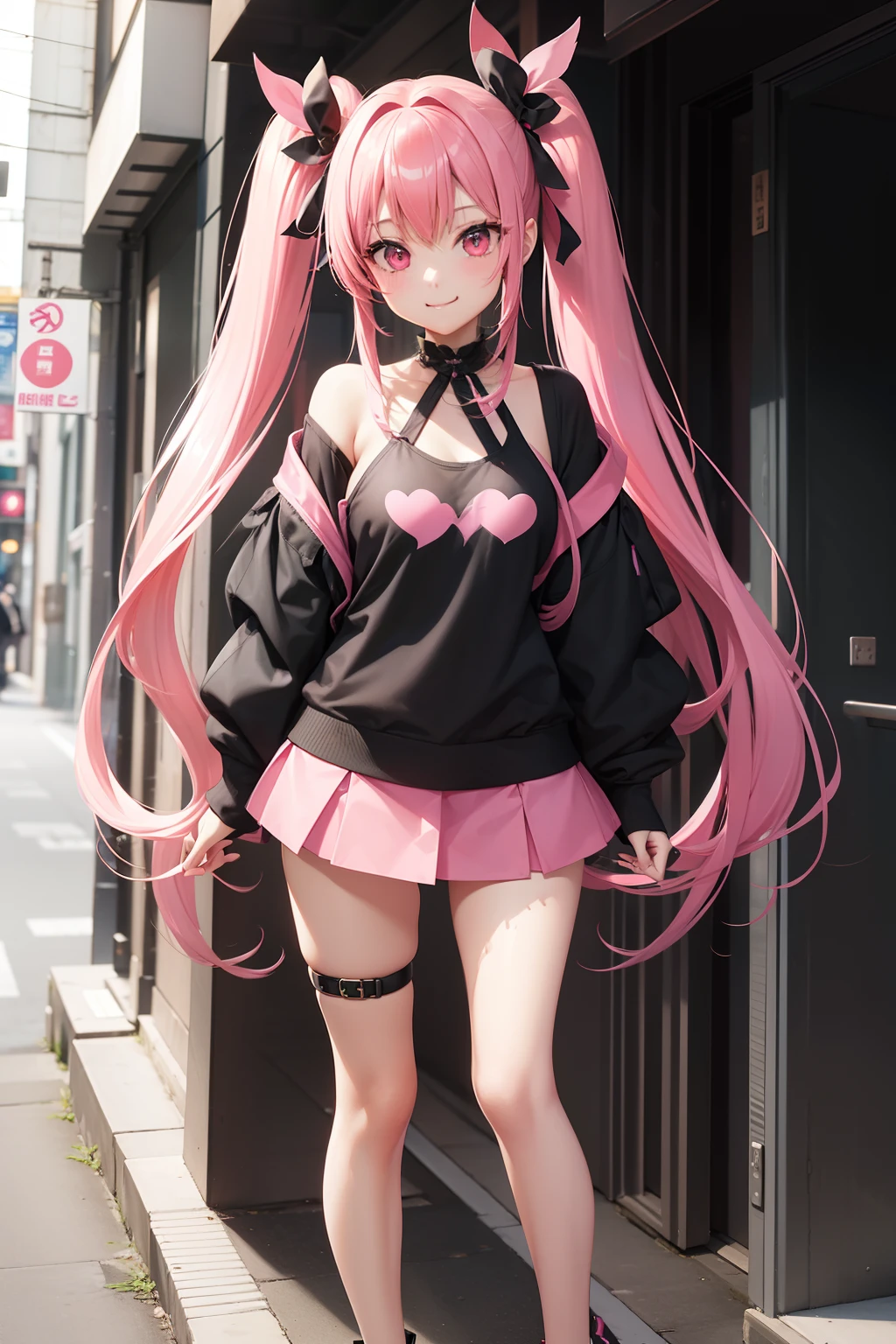 full body Esbian, masutepiece: 1.2, Highest Quality), (Live-action, elaborate details), (1 Lady, Solo, Upper body,) Clothing: Edgy, Black long jumper, pink miniskirt, long hair with pink twin tails,,,,,,,,,,,,,,、Avant-garde, Experimental appearance: Long pink twin tail hair 、Heart-shaped choker、The location: bustling city、Solo, Nice smile、Value Creation in Mixed Media Art: individuality, authenticity, Creative expression