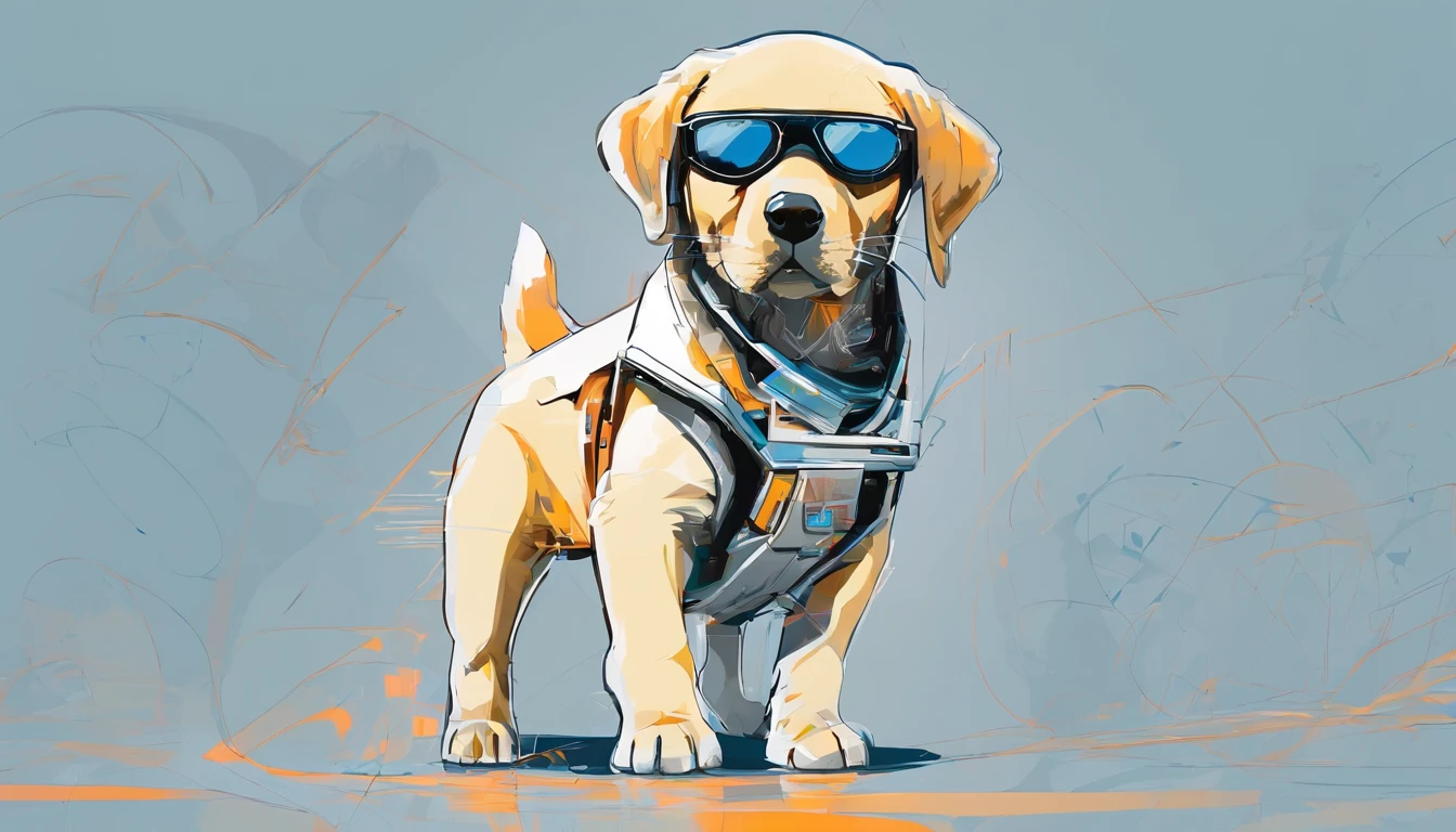 Centrado perfecto, Cute baby Labrador, Use una chaqueta del equipo estudiantil,subido en harley davidson, usar gafas de sol, Usar auriculares, cheerfulness, standing up position, Belleza abstracta, centrado, Looking at the camera, in front of camera, nearing perfection, dynamic, Altamente detallado, Suave, foco nítido, 8k, high-definition resolution, 插圖, arte de Carne Griffiths y Wadim Kashin, fondo blanco
